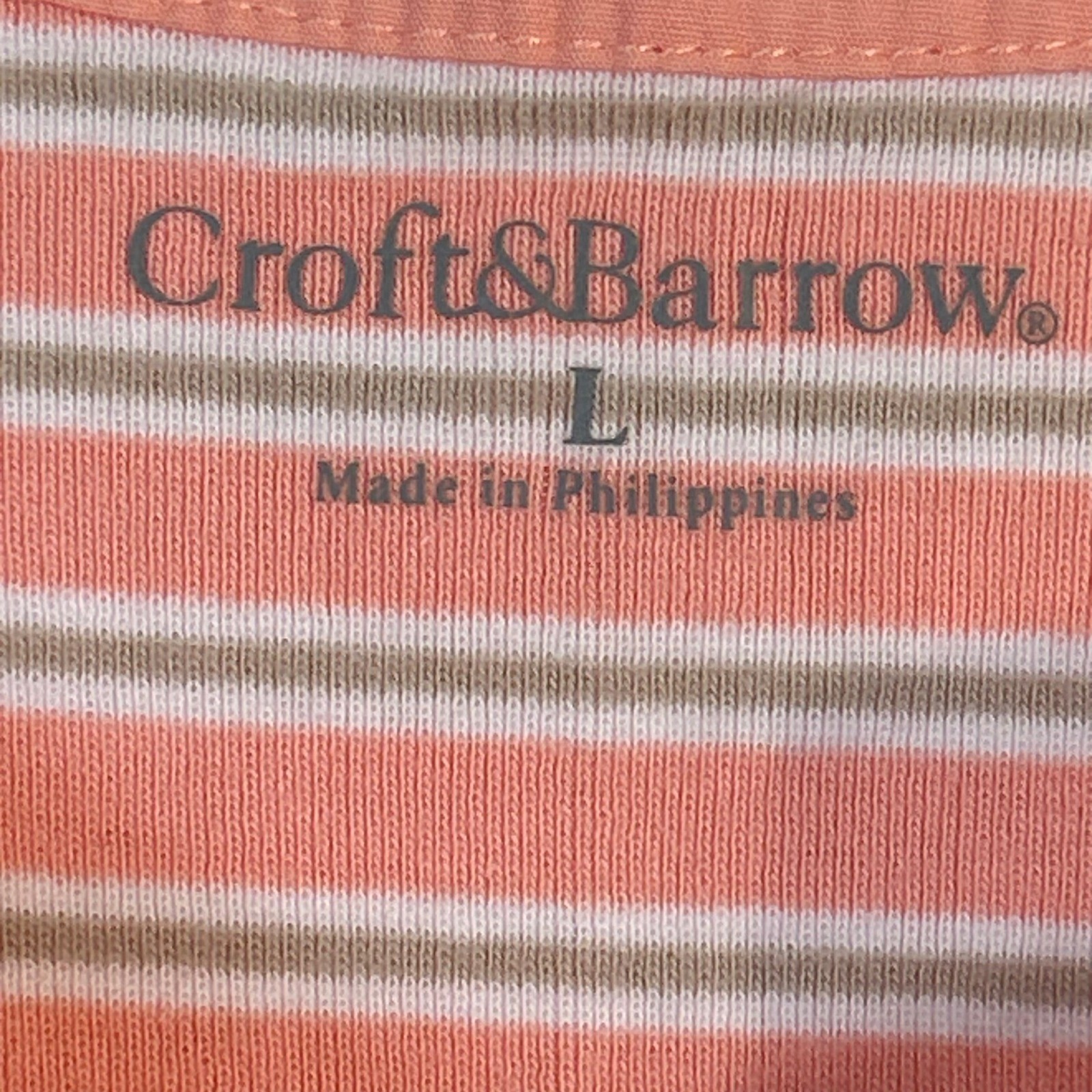 Croft & Barrow Womens Salmon Pink Striped Cotton Henley Roll Tab Sleeve Top L