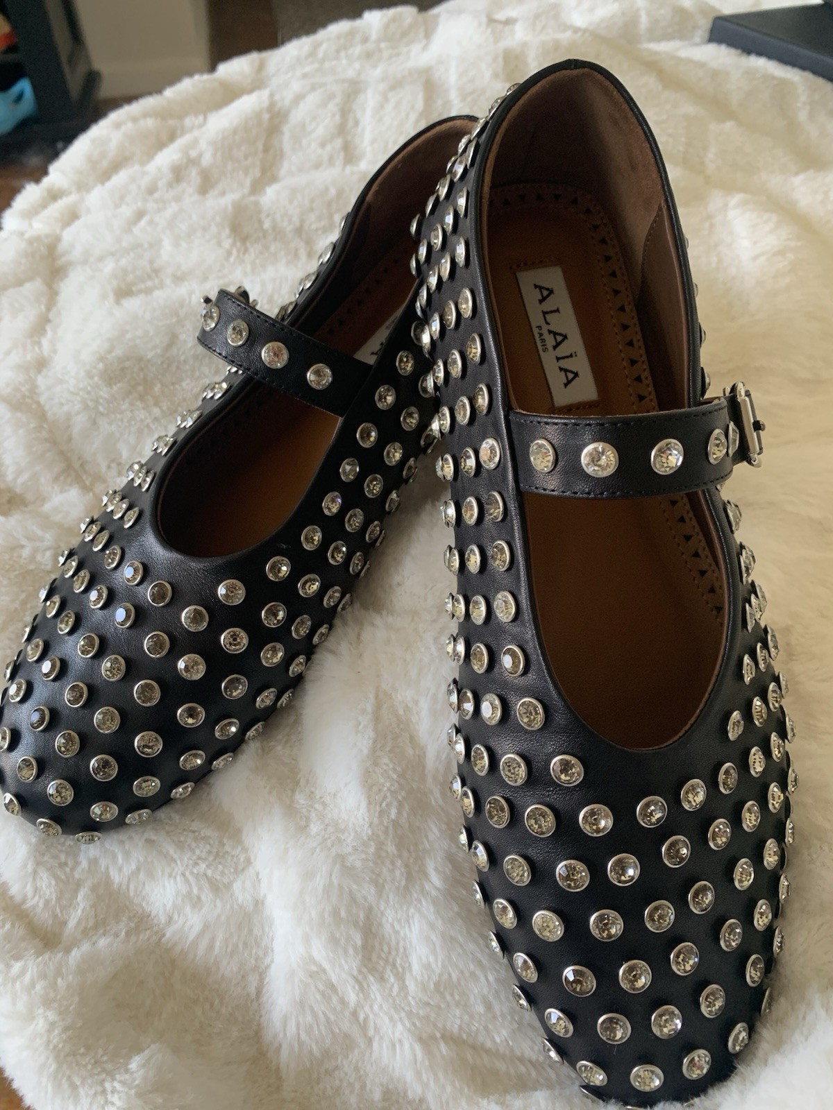 Alaia Mary Jane Strap Leather Rhinestone Crystal Ballet Flat Size 40 US 9 Black