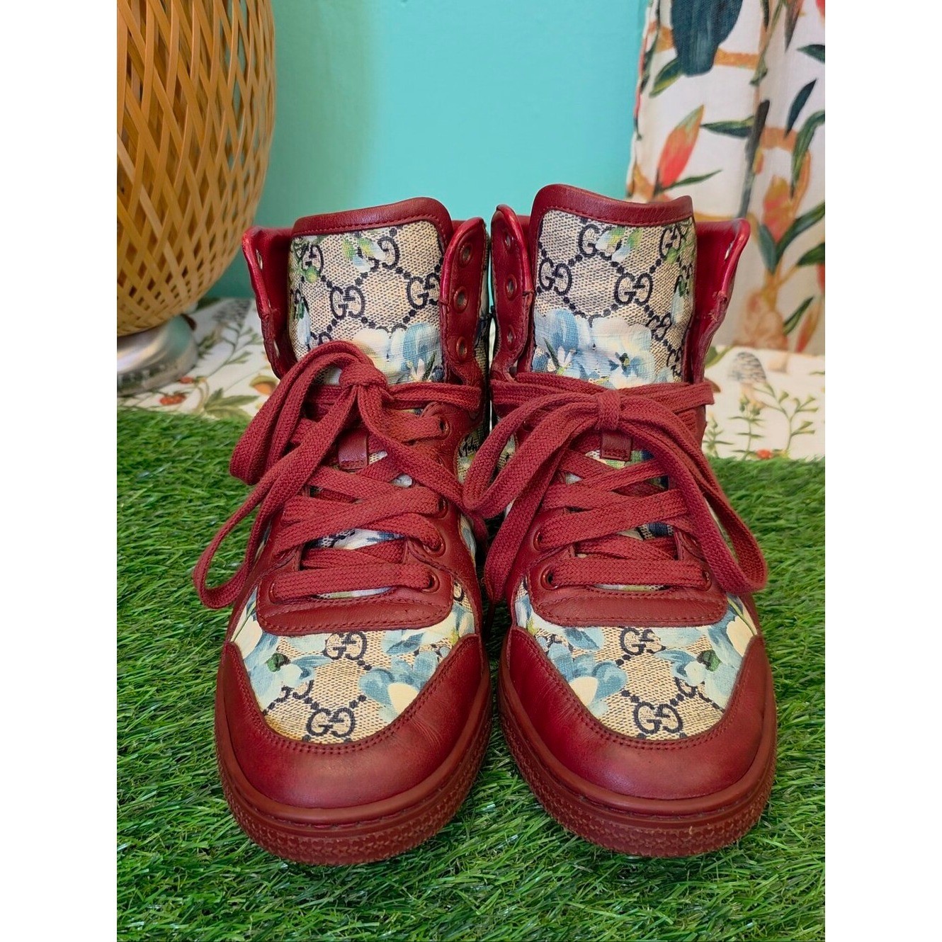 Gucci GG Blooms Floral High Top Sneakers Red Leather Canvas Shoes Size 37