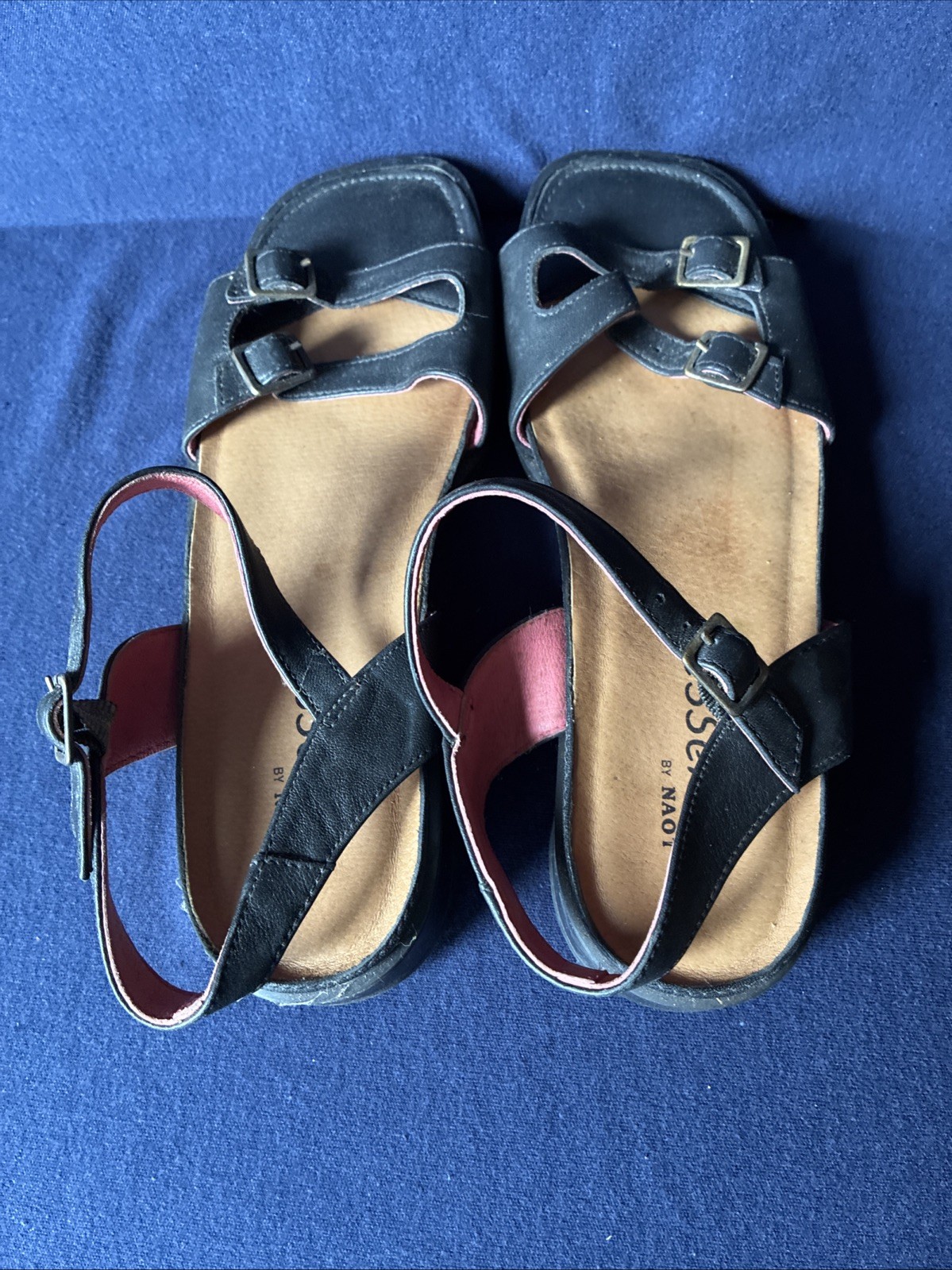 NAOT Essence, Black Sandals, Leather, Cork Buckles Worn Once