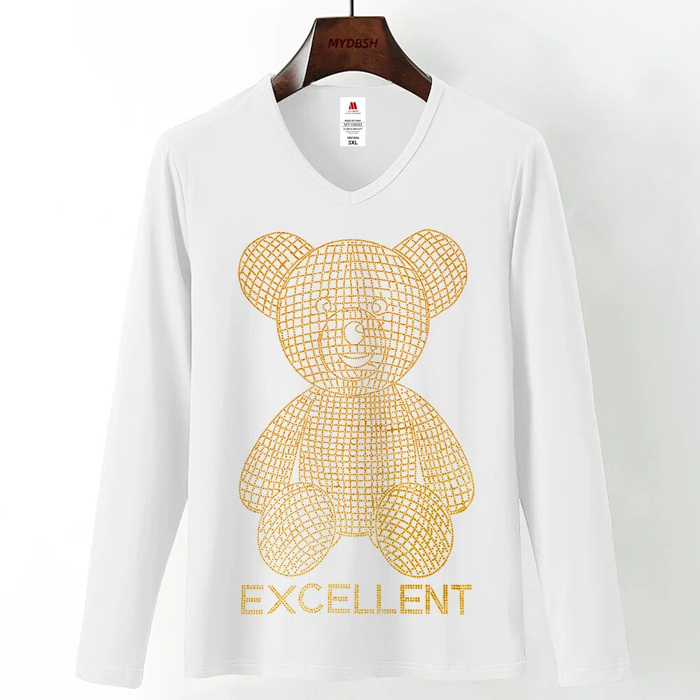 Fashion Trend Bear Rhinestones Streetwear Long Sleeve Luxury Men V-Neck T-Shirt