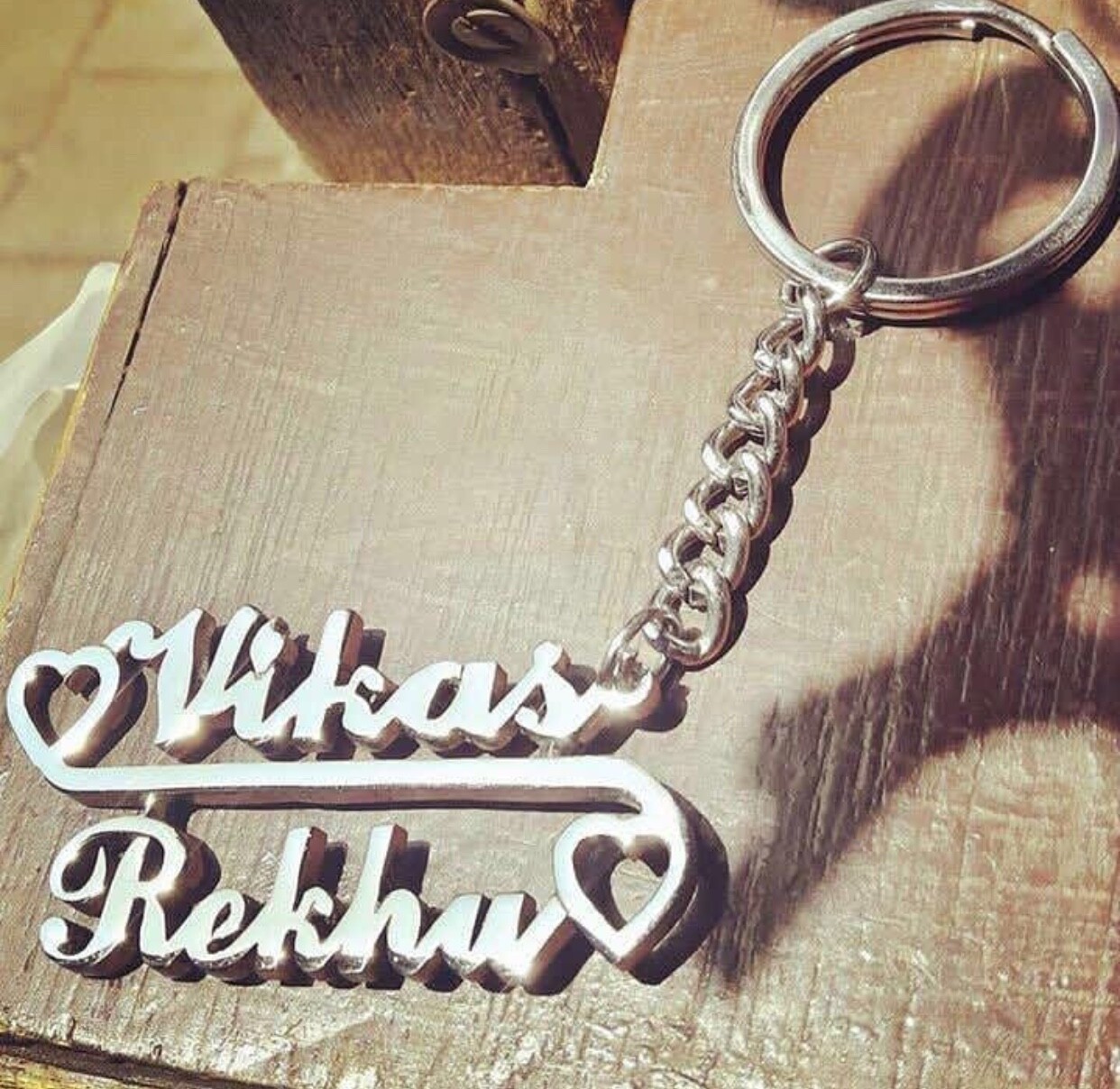 Personalized Hand Carved Custom 2 Name Key Chain Keyring With Love Forever Sign