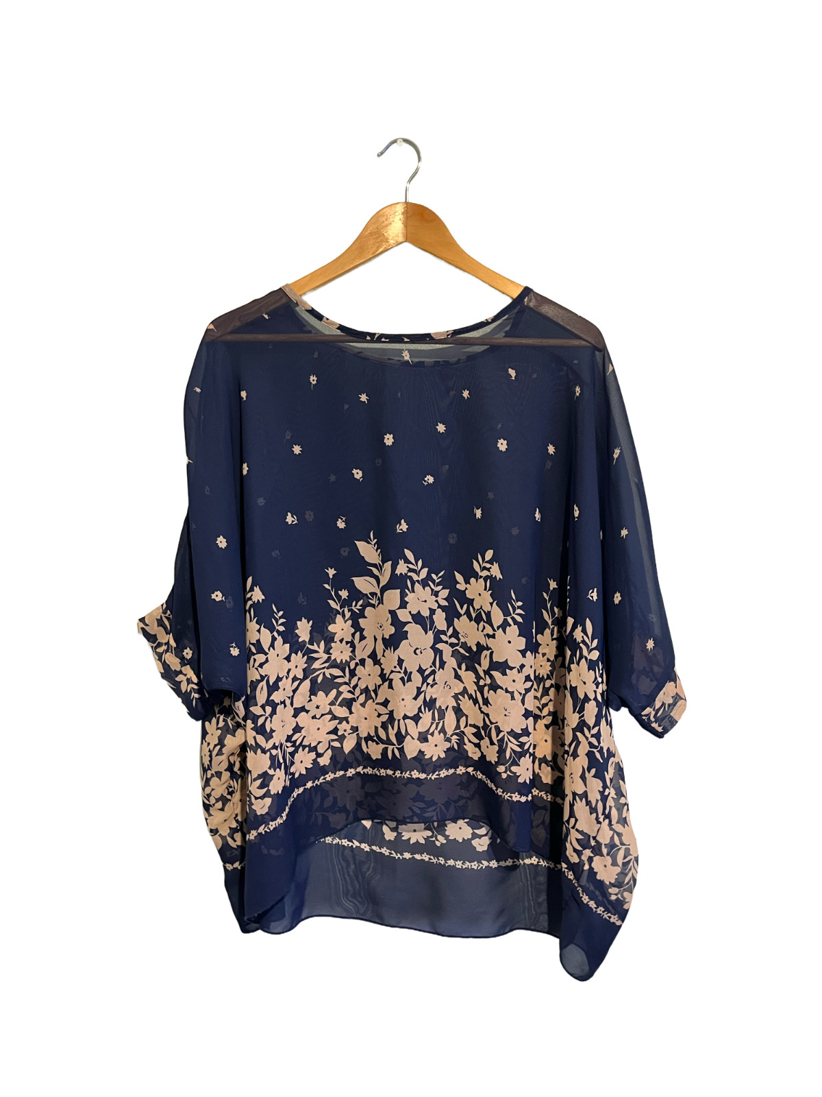 Semi Sheer Batwing Sleeve Flower Blouse