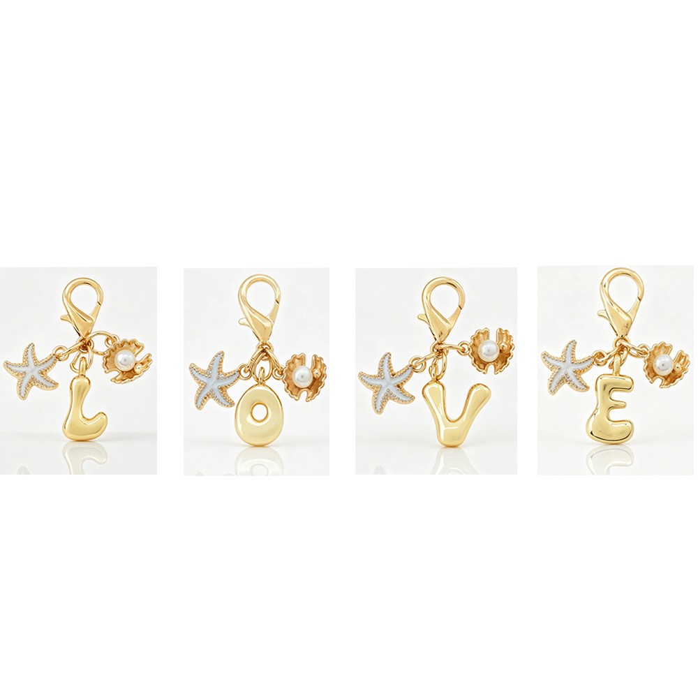 1PCS Gold A-Z Bubble Alphabet Keychain Starfish Shell Bag Charm Gift for Women