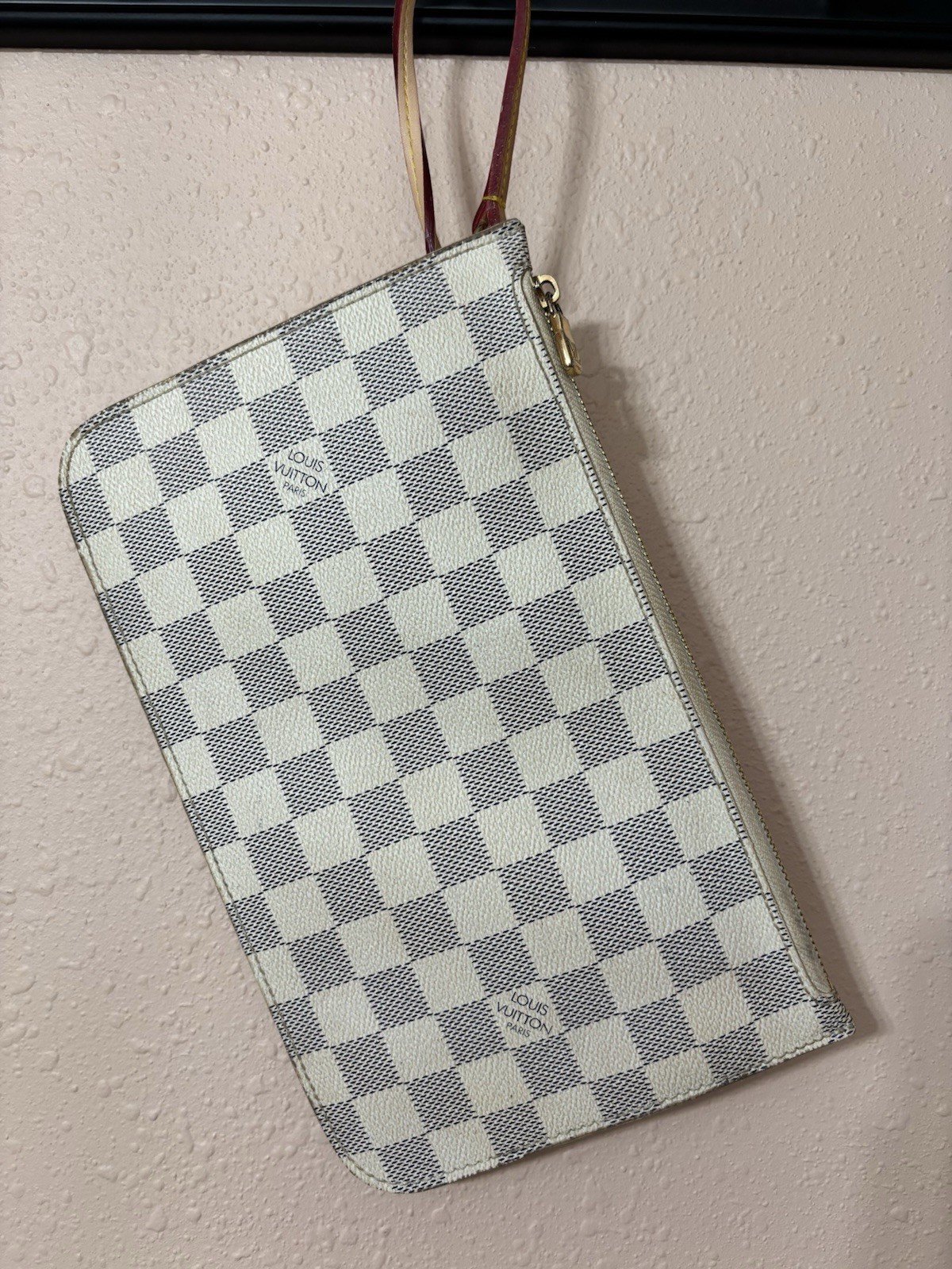 Louis Vuitton Damier Azur Zip Wristlet Pouch White/Blue Brown Strap Gold