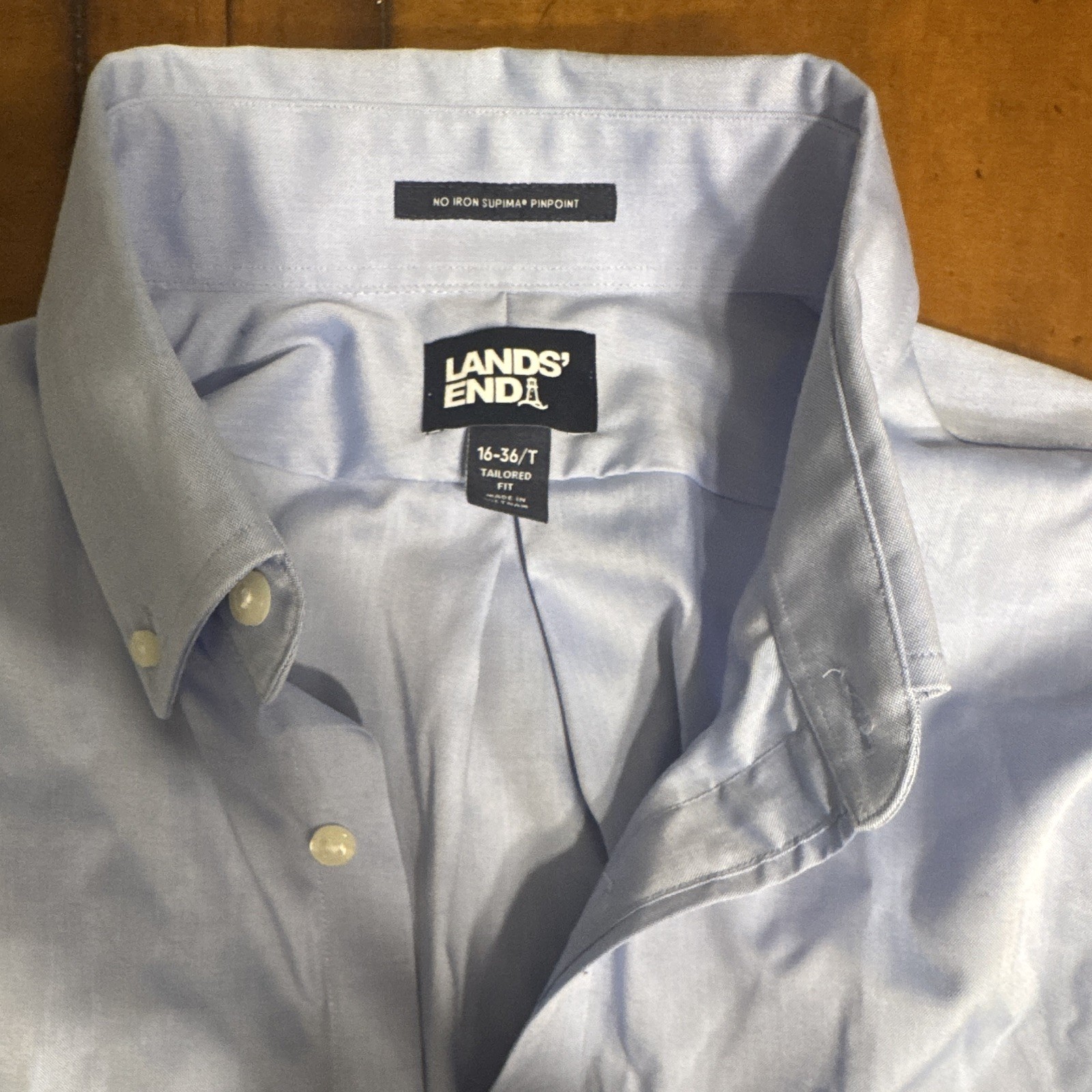 Lands’ End Non-Iron Supima Pinpoint Dress Shirt Tailored Blue Solid 16 36/37