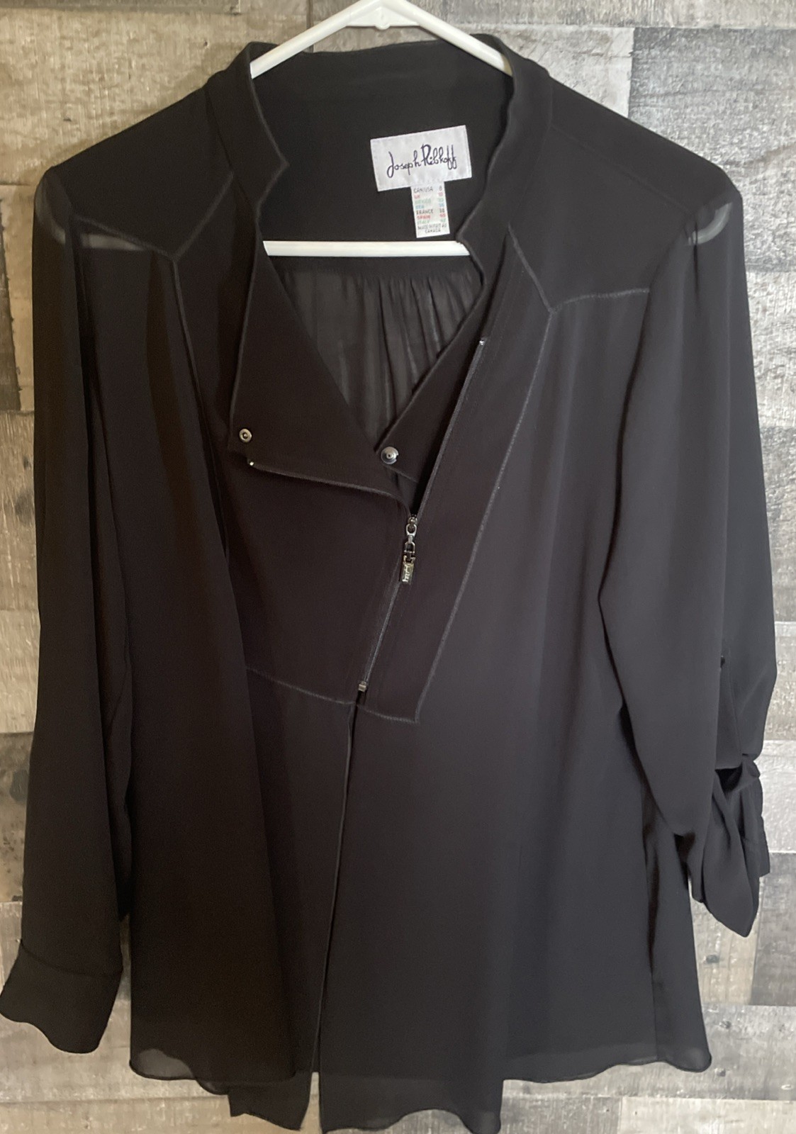 Joseph Ribkoff Asymmetrical Black Sheer Tunic Blouse Size 8 Med Zip Panel Flowy