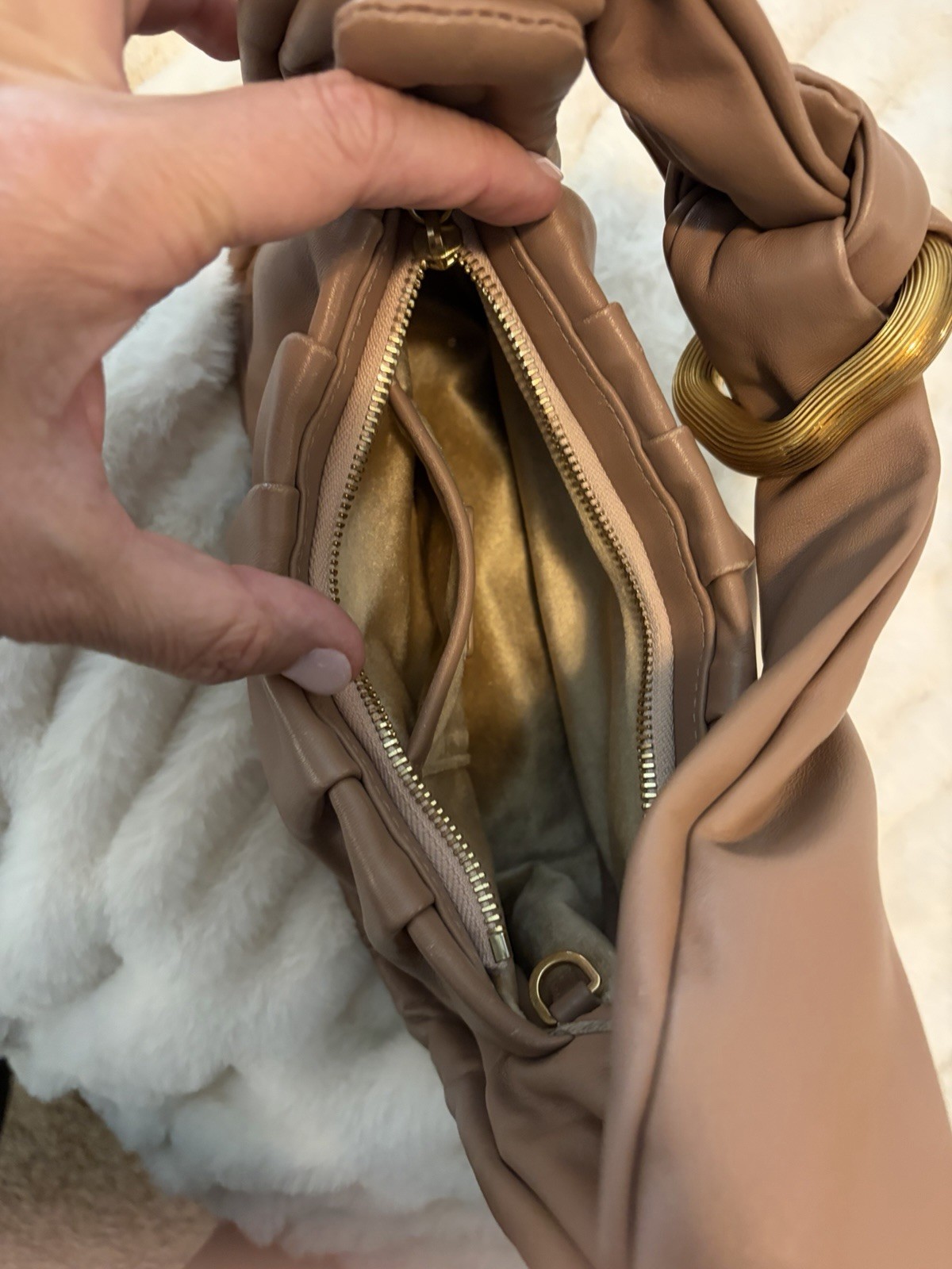 Songmont Tan Small Shoulder Bag Pleated Knot Zip Closure Gold Hardware Dust