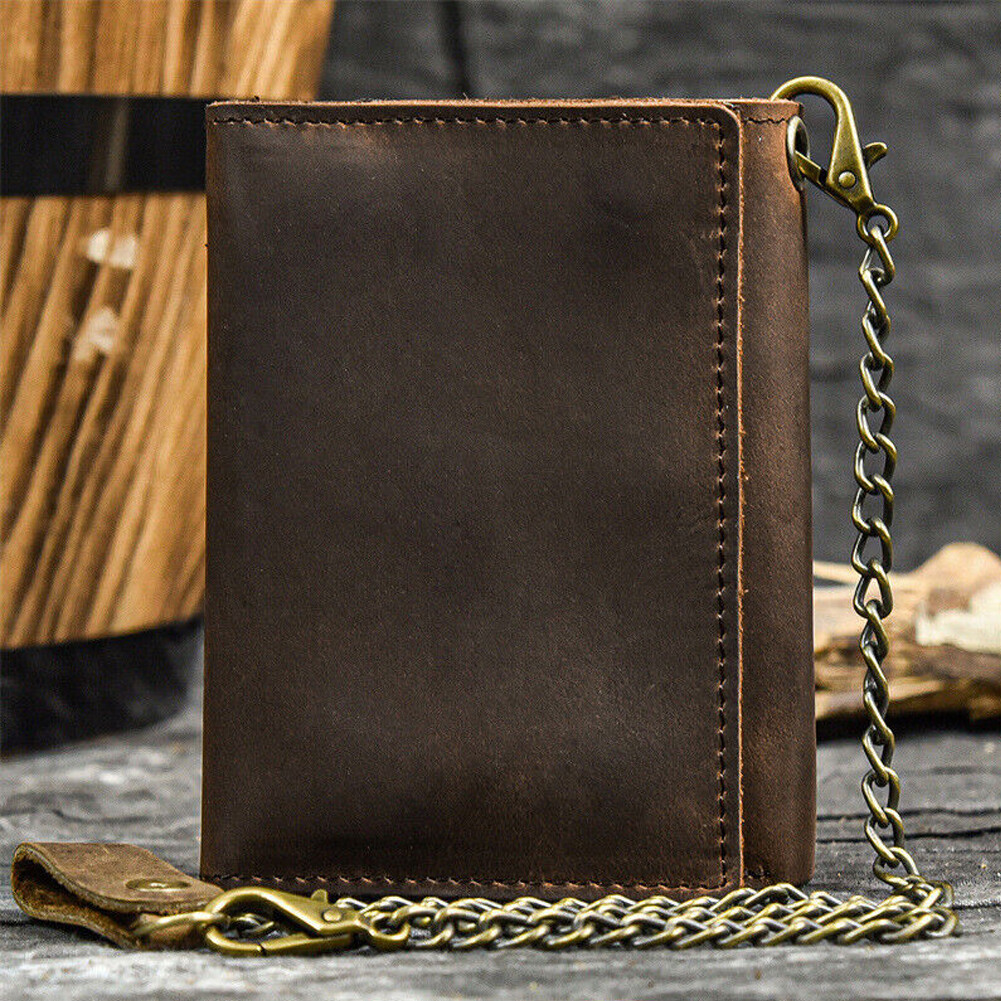 Men’s Tri-fold Vintage Leather Biker Chain wallet With snap Closur Zipper Purse#