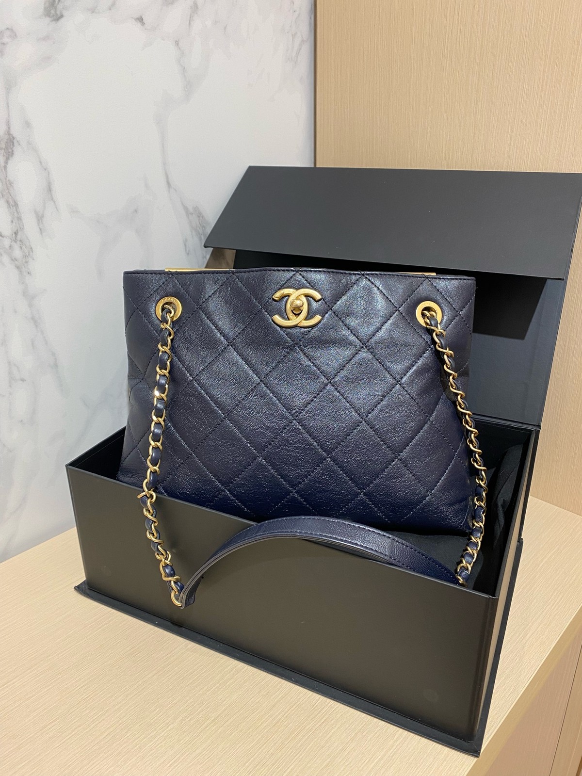 Chanel Quilted Navy Blue Leather 26cm Dual Face Shoulder Tote Bag Duty Paid
