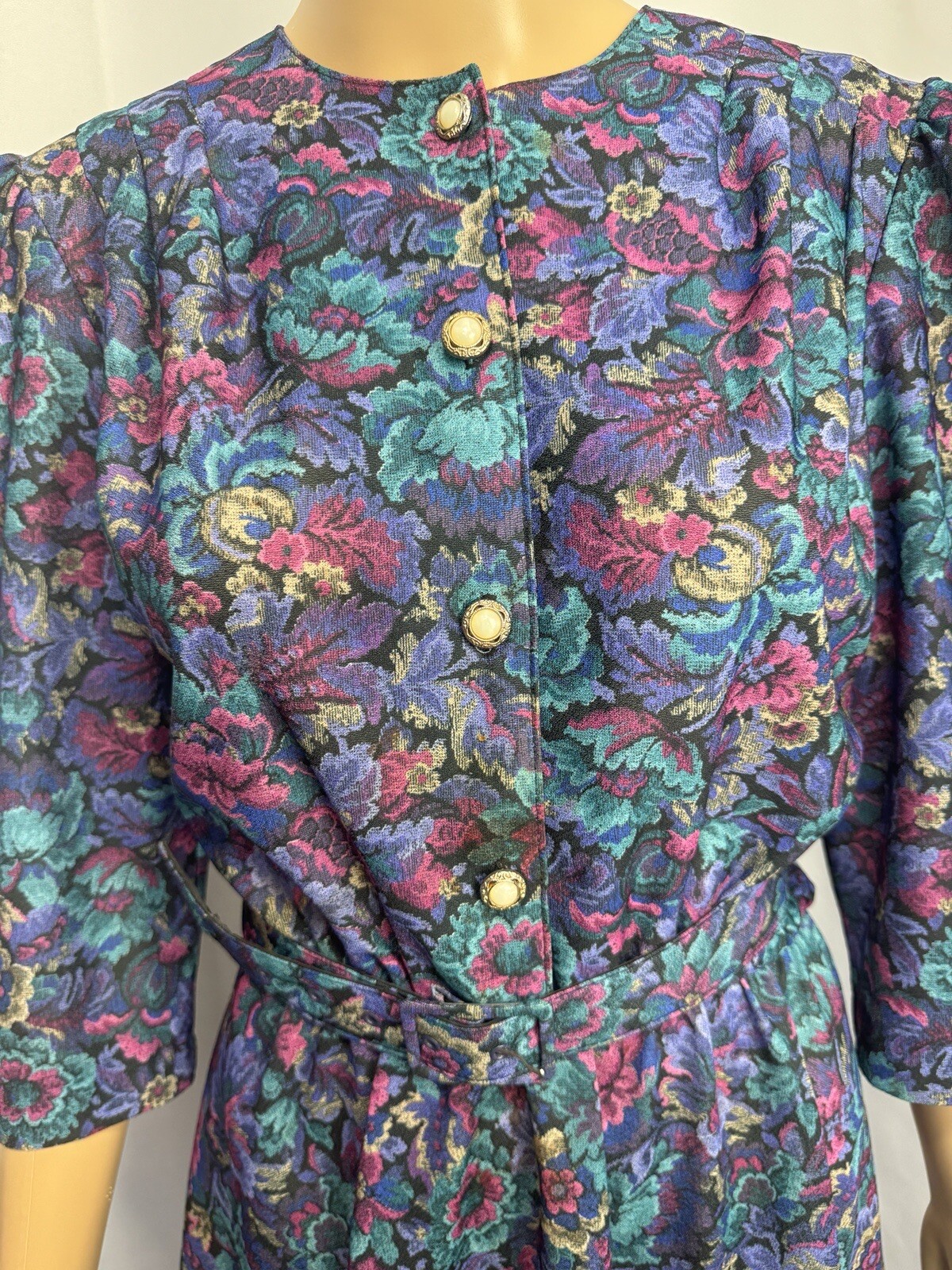 VTG 80s California Looks Floral Jacquard Belted Midi Dress Sz 10 Made USA Purple
