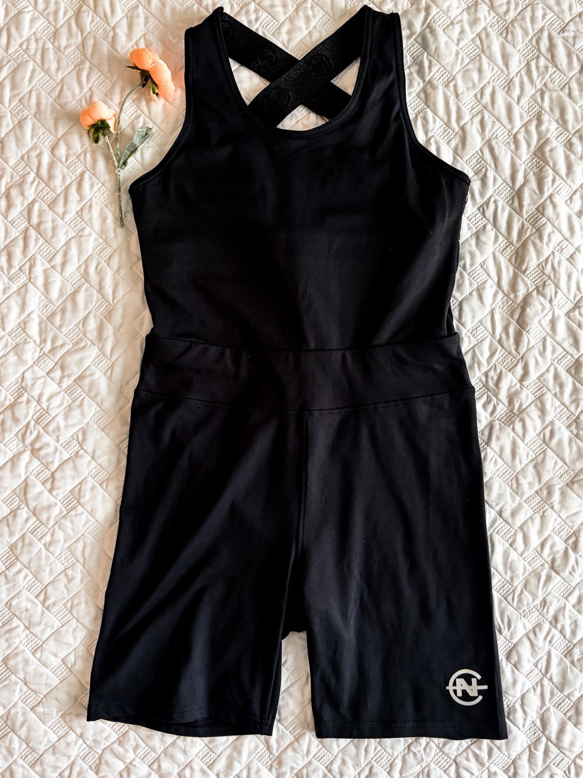 Nautica Competition Black Athletic Romper Cross Back Scoop Neck M