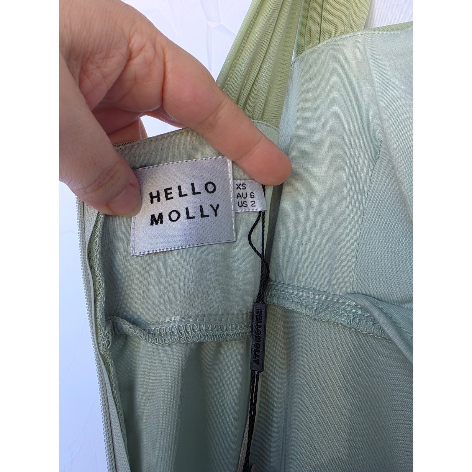 Hello Molly Sage Green Ruched Mesh Dress V-Wire Mermaid Hem Formal Gown NWT XS