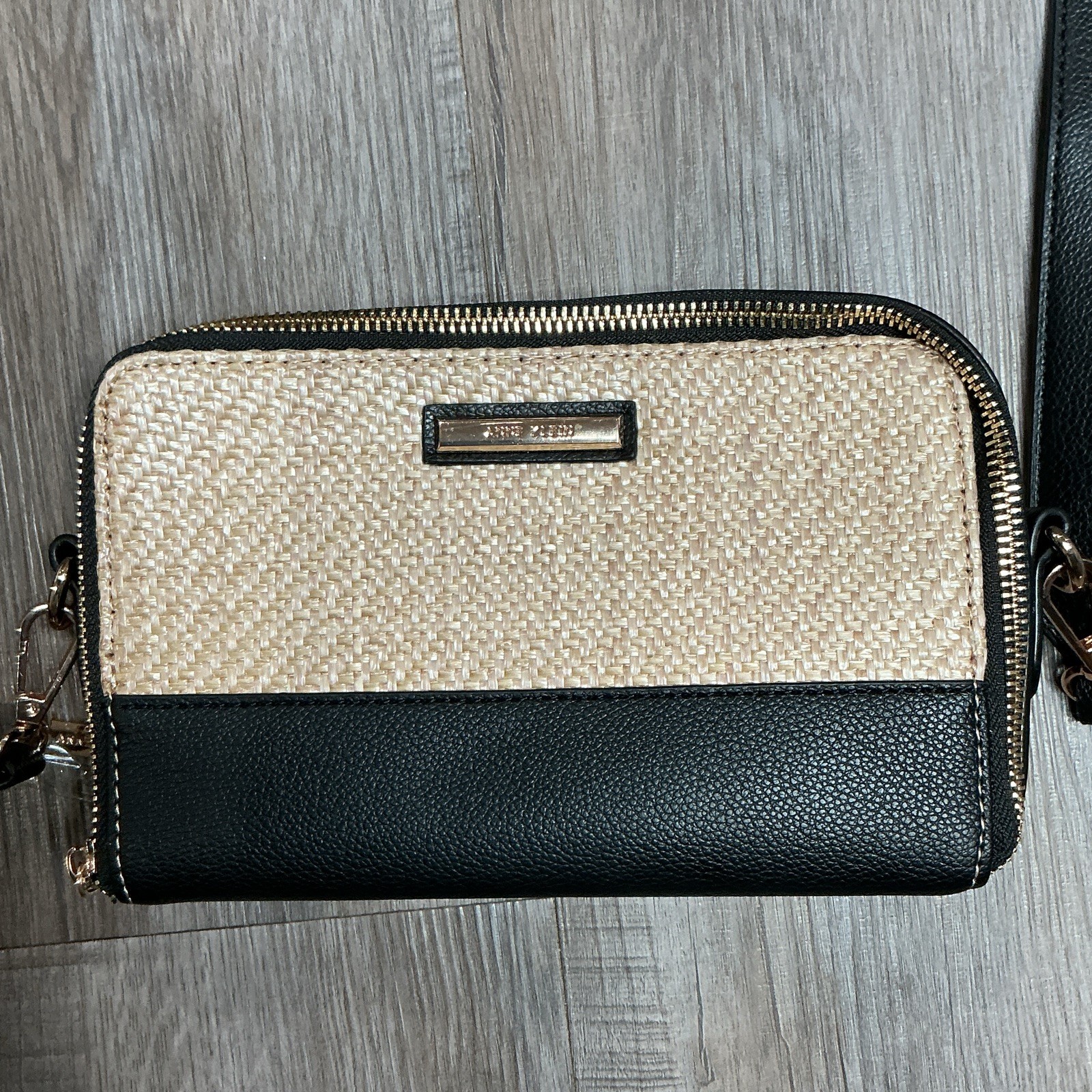 Anne Klein Woven Black/Beige Crossbody Bag Double Zip, Detachable Strap