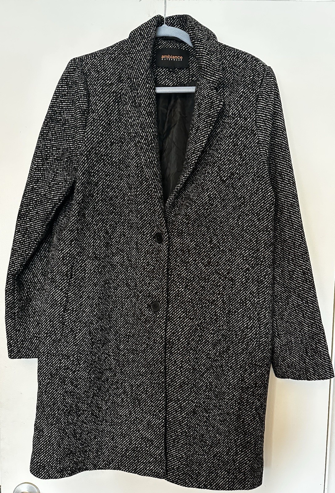 Ambiance Outerwear Women’s Black W/White Tweed Wool Blend L Overcoat W/Pockets