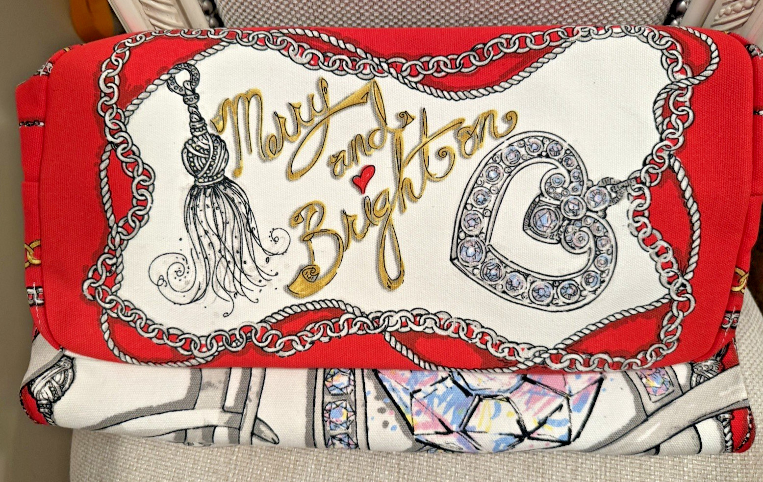 Brighton All That Glitters Canvas Tote Bag Tom Clancy Red Love Heart Jewels NWT