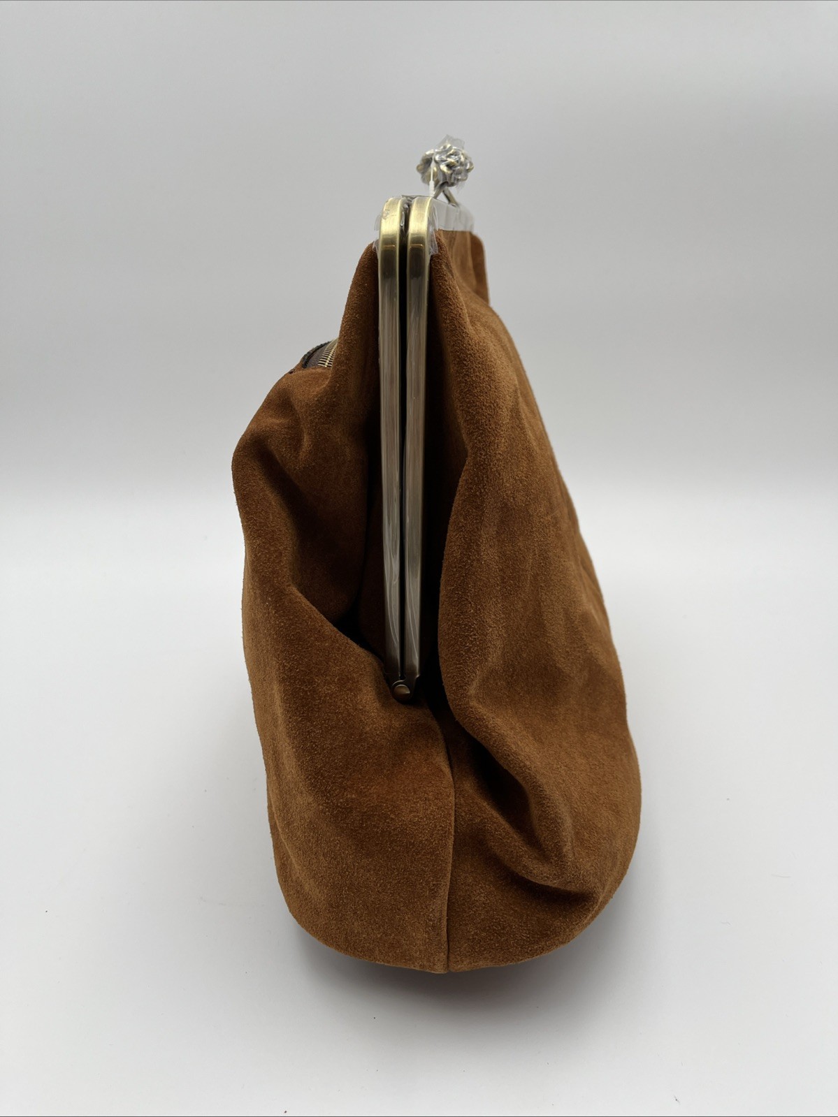 Patricia Nash Large Suede Serafina Frame Kiss-Lock Bag – Cognac Suede