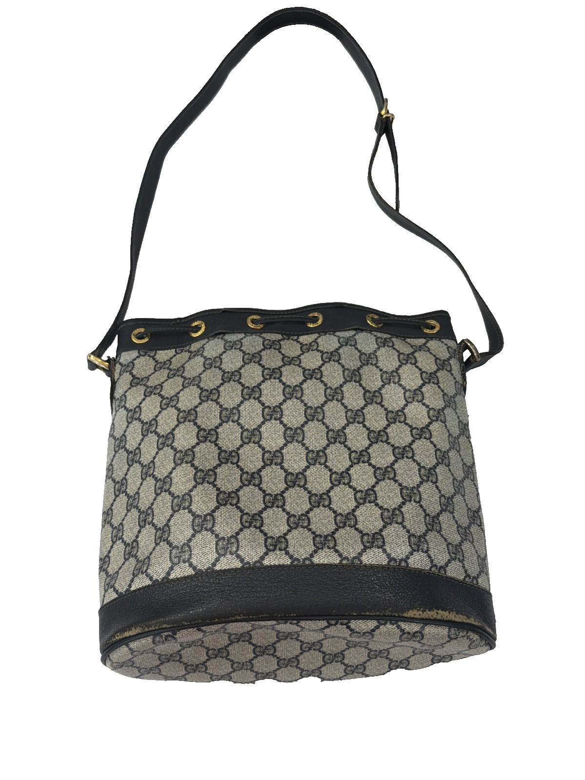 Vintage GUCCI Navy Blue GG Monogram Supreme Drawstring Bucket Bag Shoulder Purse