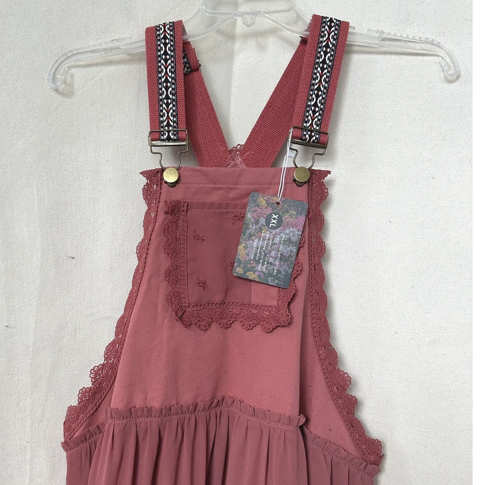 NWT Gacaky Boho Western Prairie Dusty Rose Bib Overall Tiered Maxi Dress Sz. 2XL