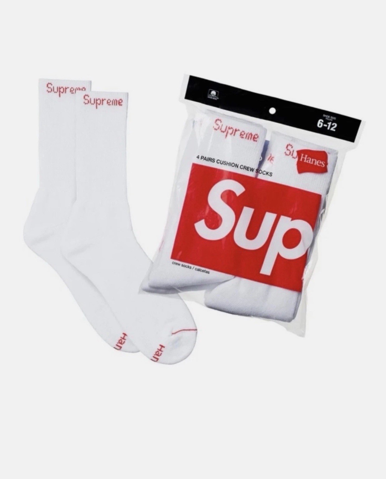 Supreme/Hanes Crew Socks Authentic White 4 Pack Size 6-12 Fast Shipping 🚚