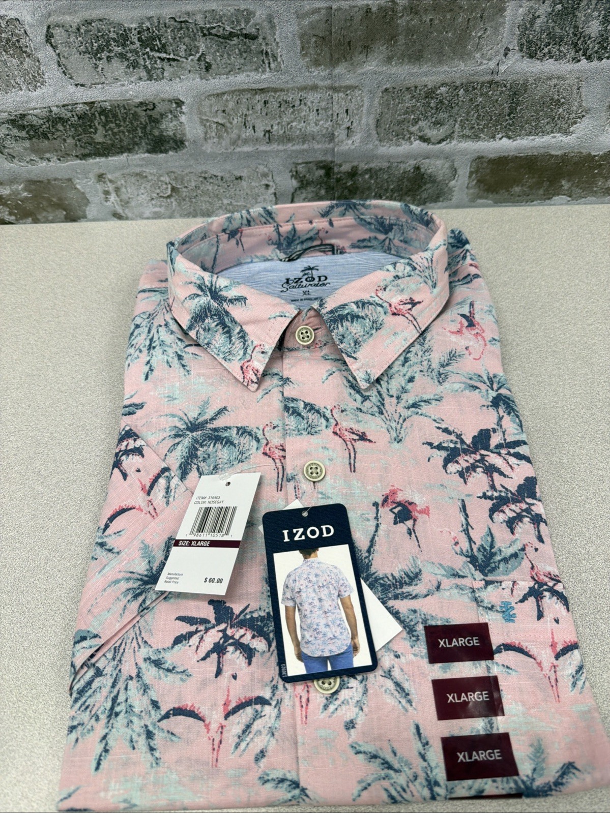 IZOD Saltwater Button Down Shirt Pink Flamingo Palm Tree Print Mens XL NWT
