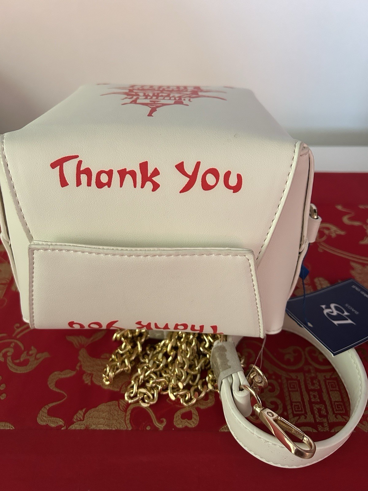 DS BAGS White Graphic Print Small Box Crossbody Bag Gold Chain Snap Closure