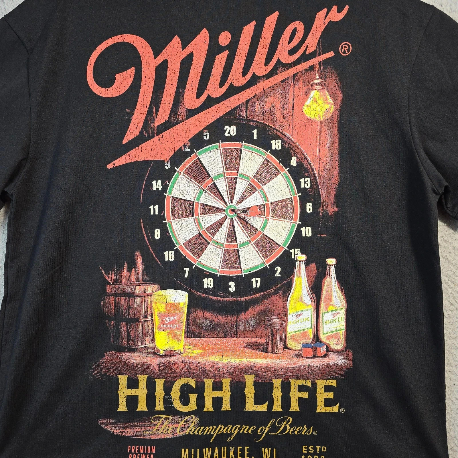 MILLER HIGH LIFE Beer Shirt Mens Large Black Distressed Hunting Casual tee NWT B