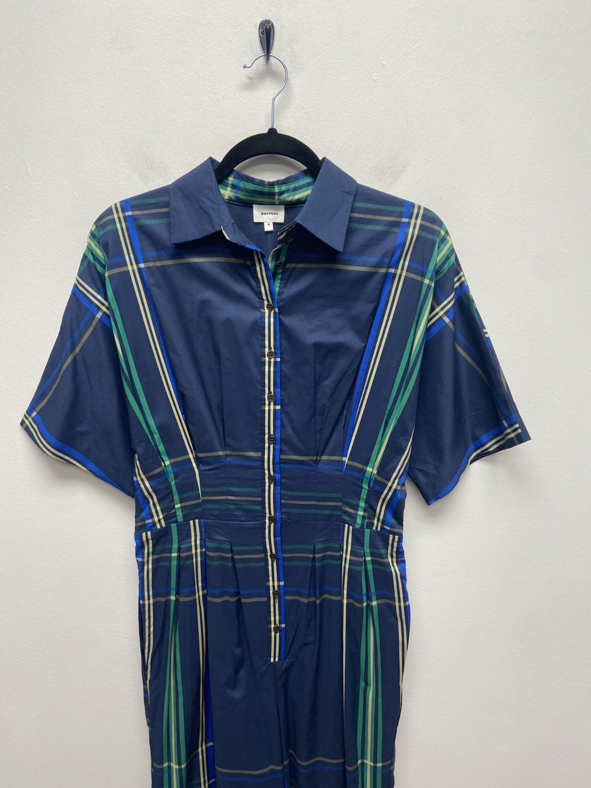 Aureum Short Sleeve Jumpsuit Bethany Blue Green Plaid Pleated Waist Cropped S