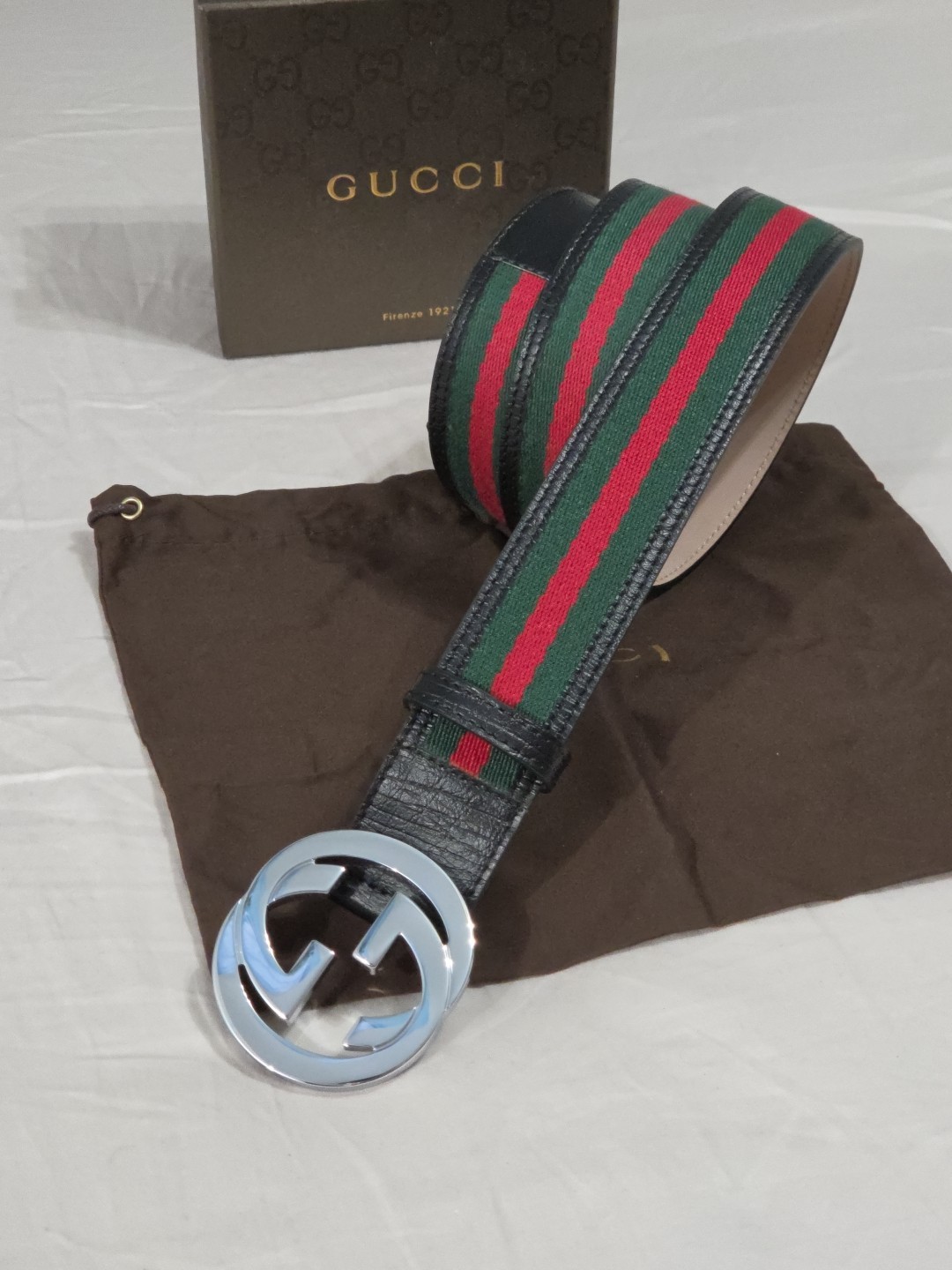 Gucci Black Green Red Striped Belt Size 38-40 IT 110CM Silver Buckle