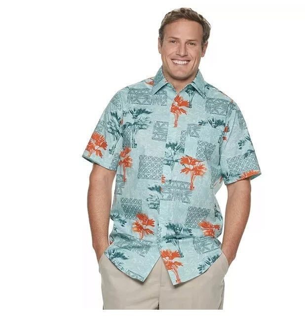 NEW Haggar Blue Glow Hawaiian Tuckless Button Front Short Sleeve Shirt – Size M
