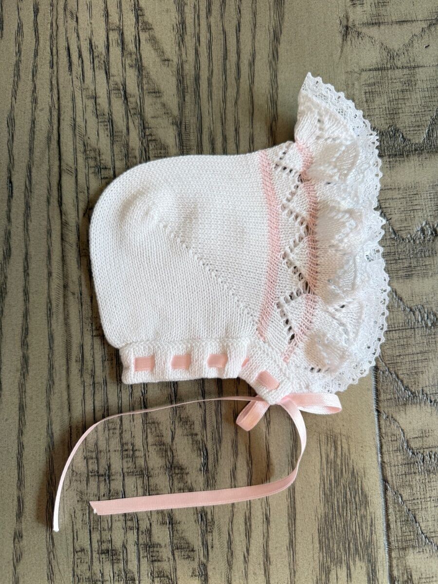 Will’beth Newborn Girl Delicate White & Pink Knit Bonnet Baby Bonnet NWT Sz 0