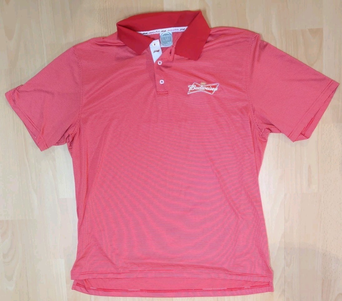 Budweiser Level Wear Polo Shirt Men’s Size XL Red Stripe Embroidered Golf Active