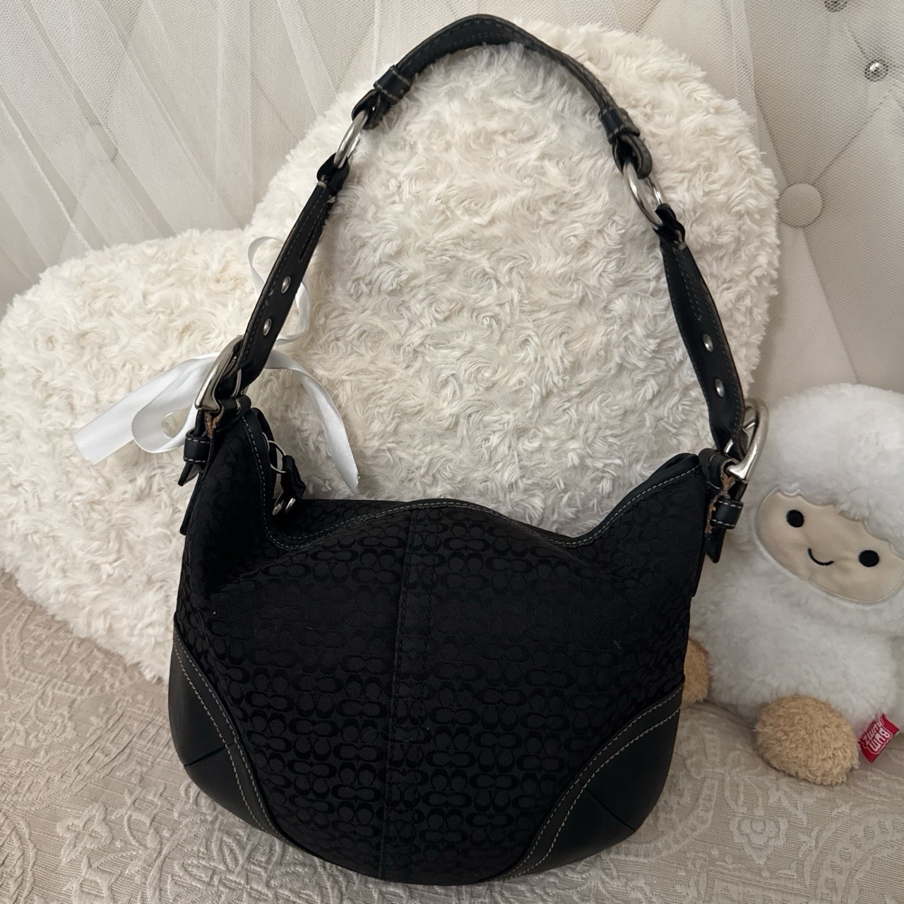 Coach Signature Black Small hobo Shoulder Bag Silver Hardware Zip Top