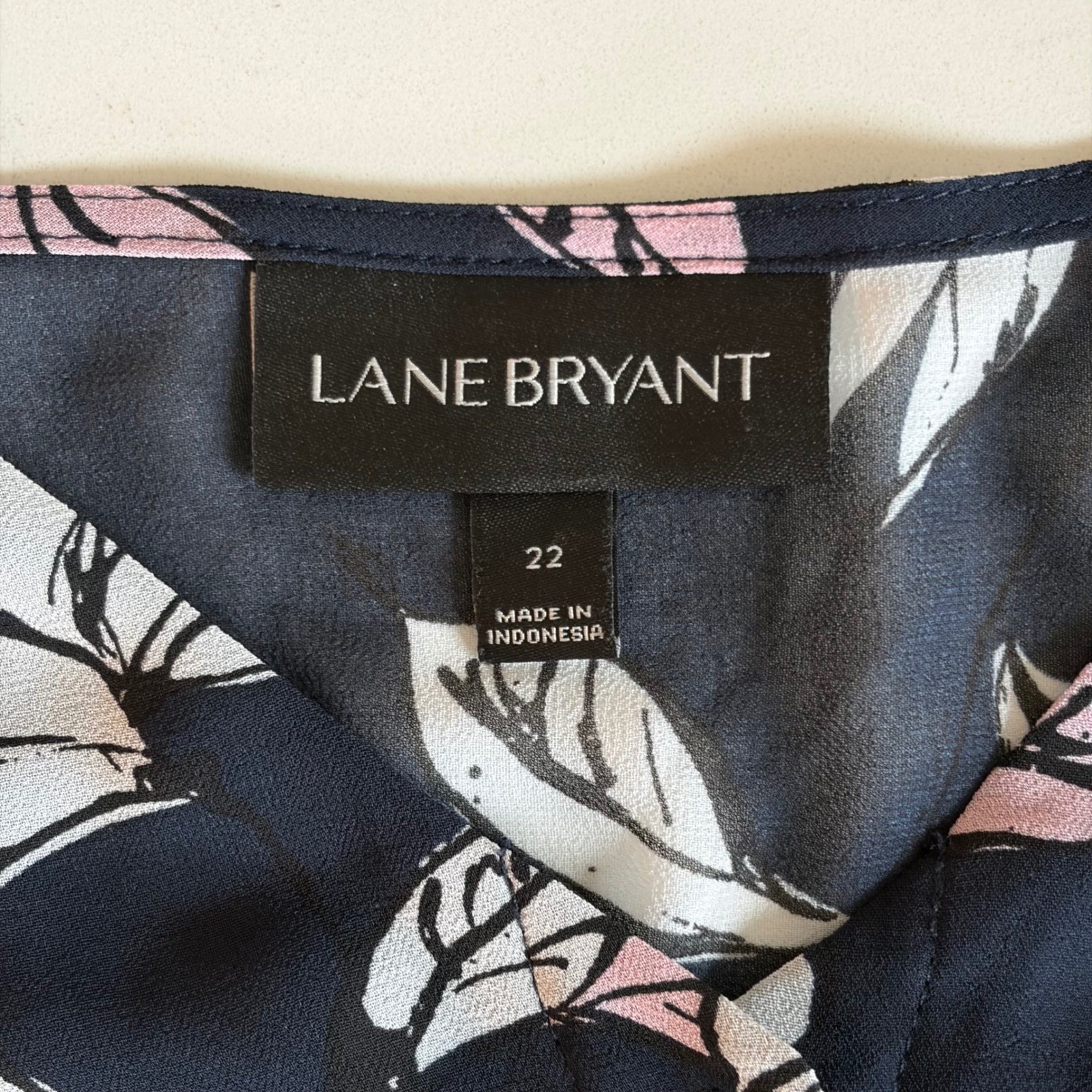 Lane Bryant 22 Navy Blue Pink Floral Chiffon Button Drawstring Waist Blouse