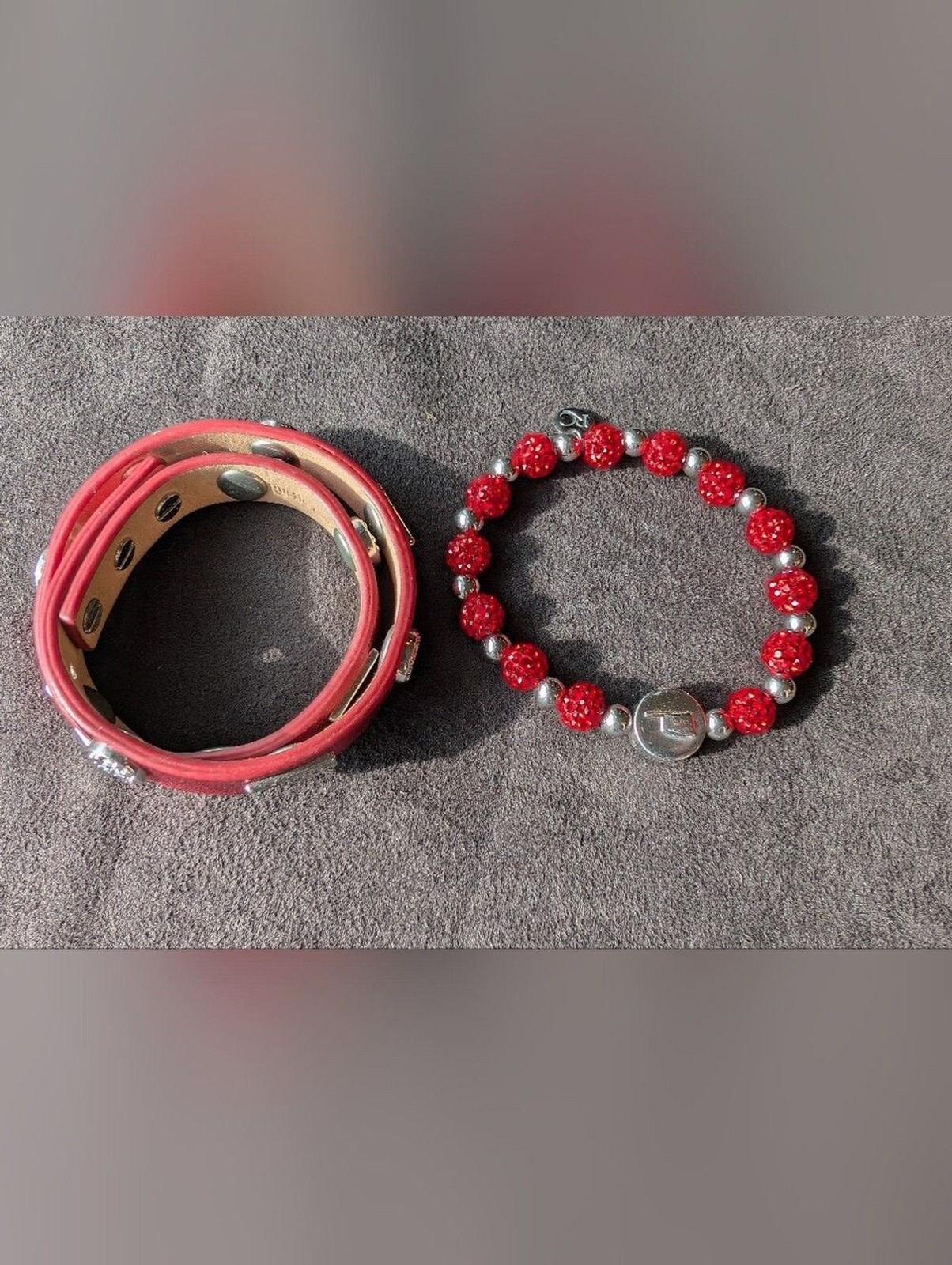 Rustic Cuff Oklahoma Red Crystal Beaded and Leather Wrap Stud Bracelet Set