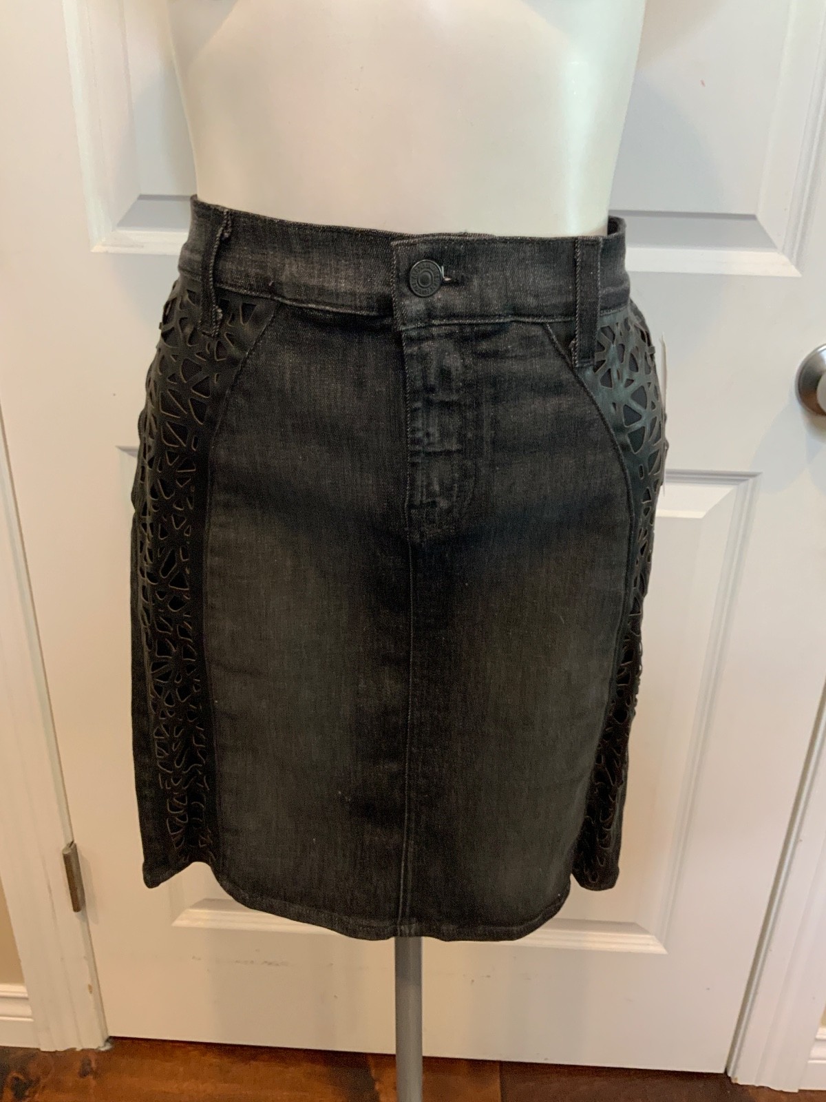 7 For All Mankind Black Denim Vegan Leather Cutout Pencil Skirt, Size 27