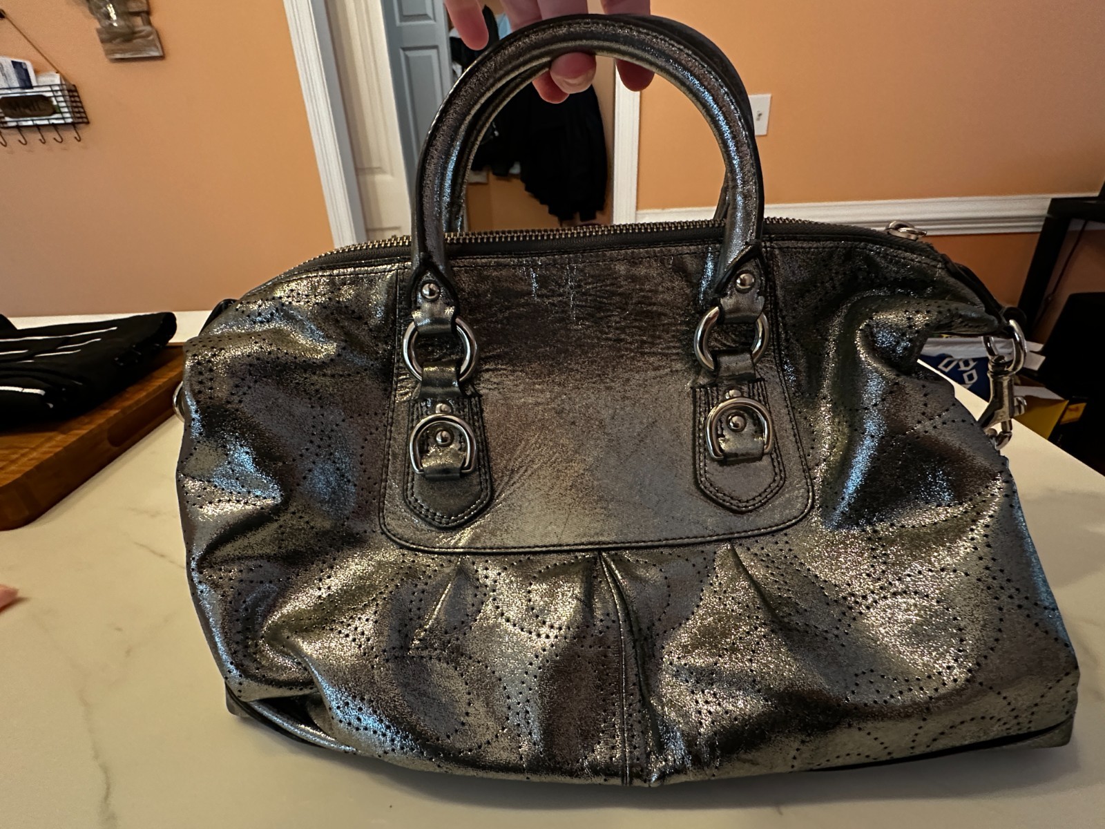 COACH Metallic Silver Perforated Leather Ashley Double Handle W Strap Handbag