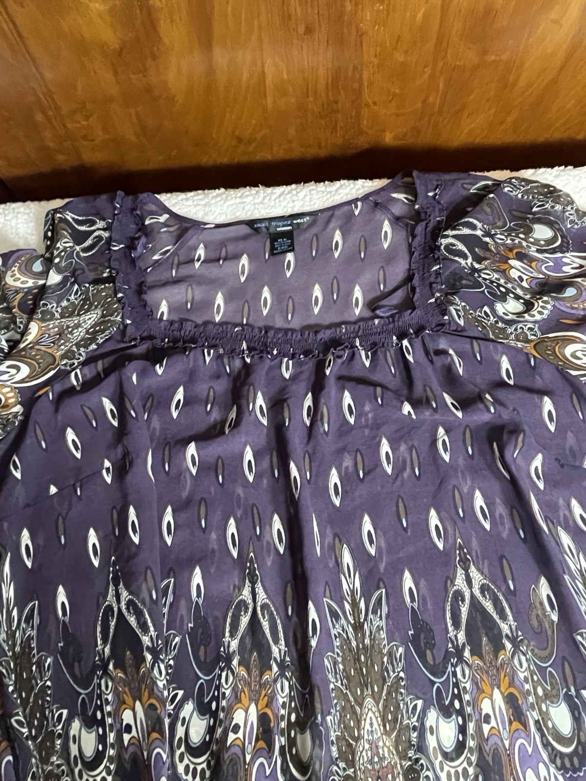 Saint Tropez West Purple Paisley Chiffon Sheer Ruffle Tunic Blouse 3X