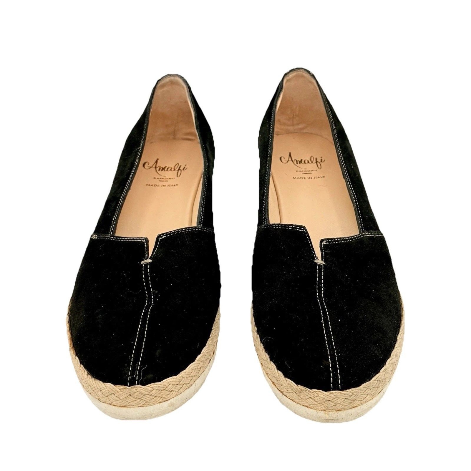 Amalfi by Rangoni Black Suede Low Wedge Espadrille Italy Leather Lining 8M