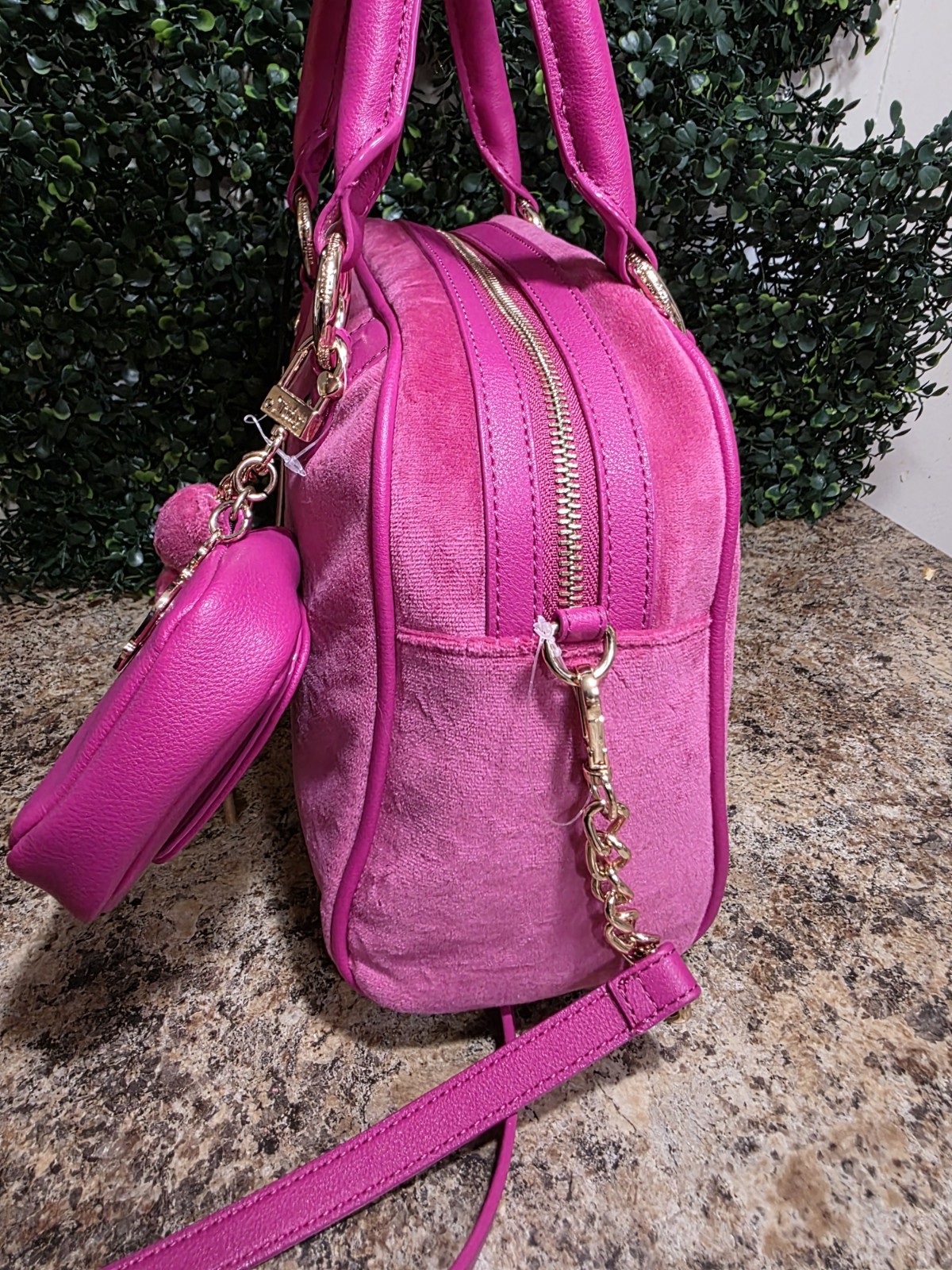 Juicy Couture Pink Logo Satchel Top Handle Zip Rhinestone Charm Gold Hardware