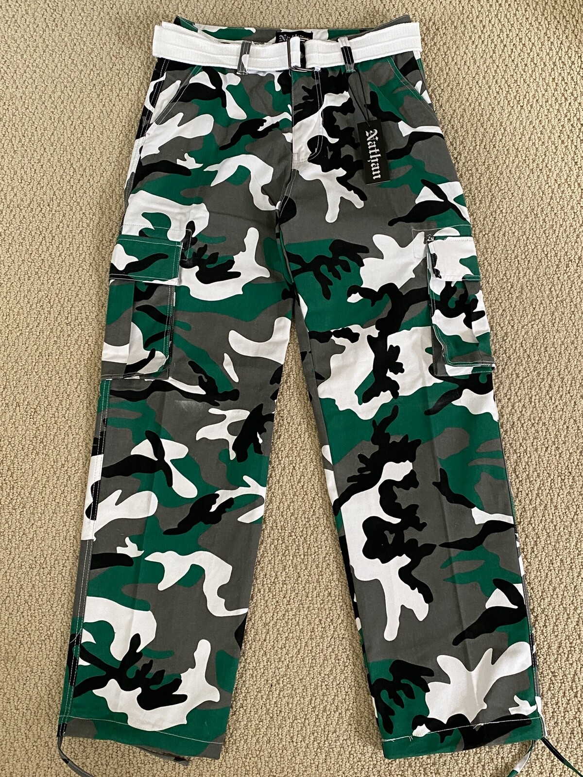NWT Men’s Nathan Green Gray Camouflage Camo Belted Cargo Pants ALL SIZES/LENGTHS