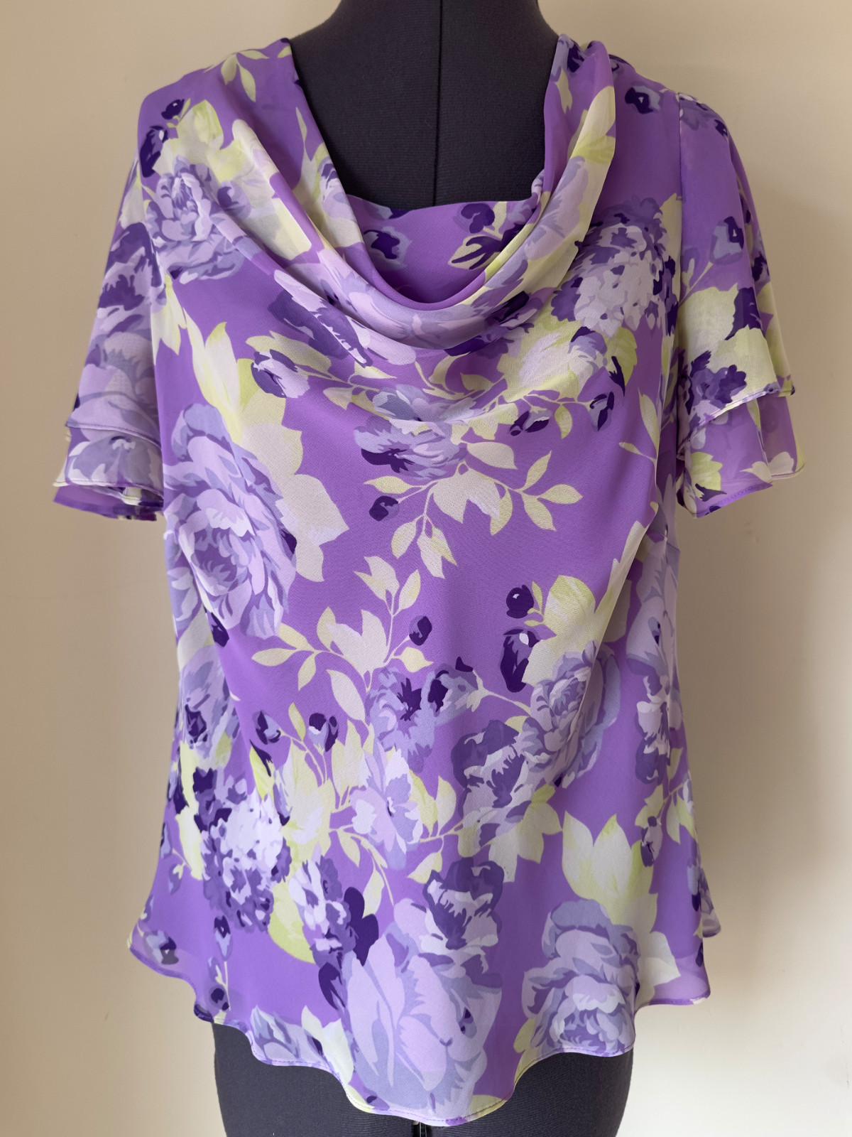 Jacques Vert Blouse Womens UK16 Purple Floral Print Drape Cowl Neck Cottagecore
