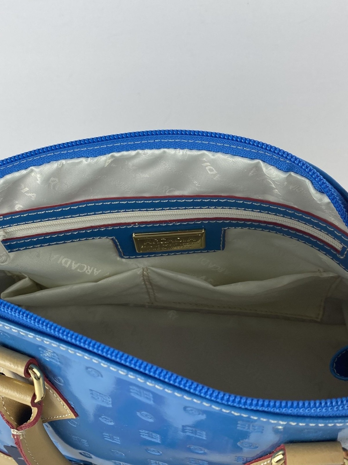 Arcadia Italy Sky Blue/Natural Embossed Patent Leather Handle Crossbody NWT
