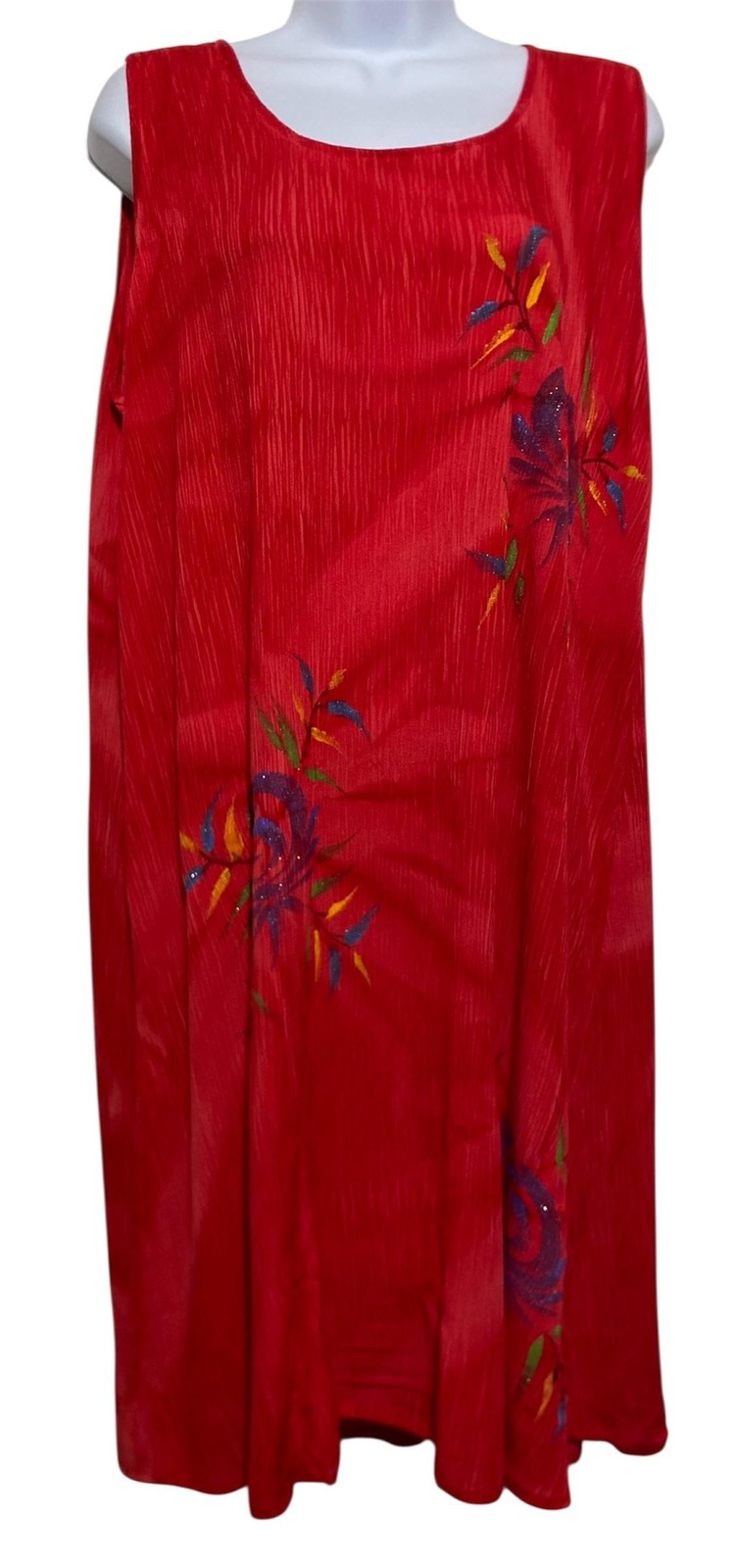 Tropical Batik Dress Womens One Size Red Sleeveless Hand Painted Floral Sundress