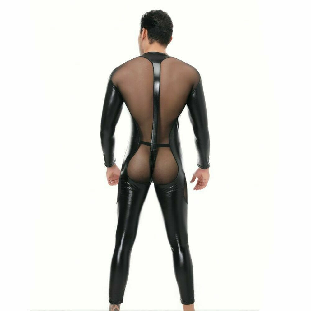 Men’s PU leather Mesh tight Bodysuit Lingerie Wet Look Shiny Long Sleeve Costume