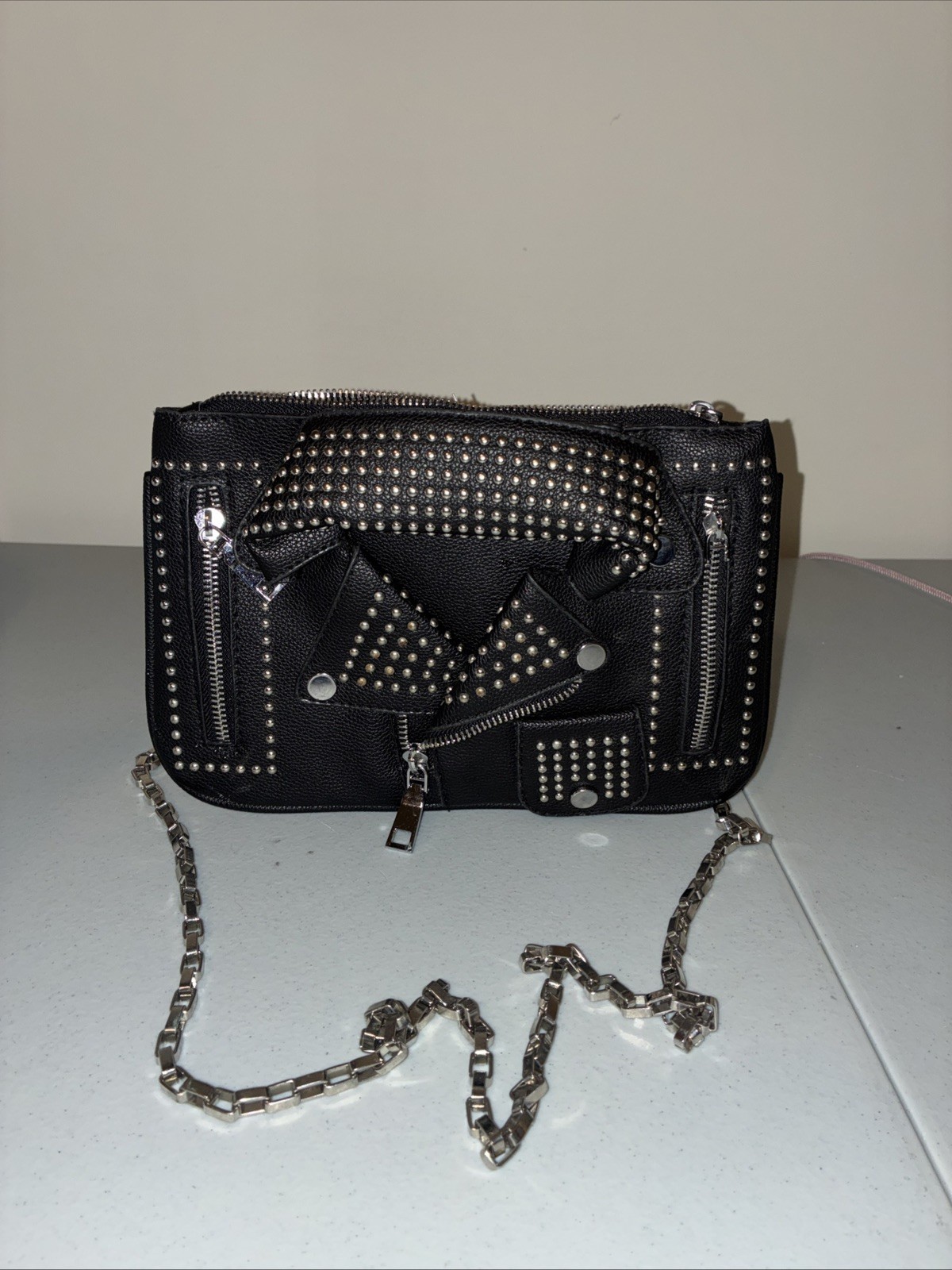 Black Small Studded Shoulder Bag Chain Strap Zip Closure Silver Hardware Rock