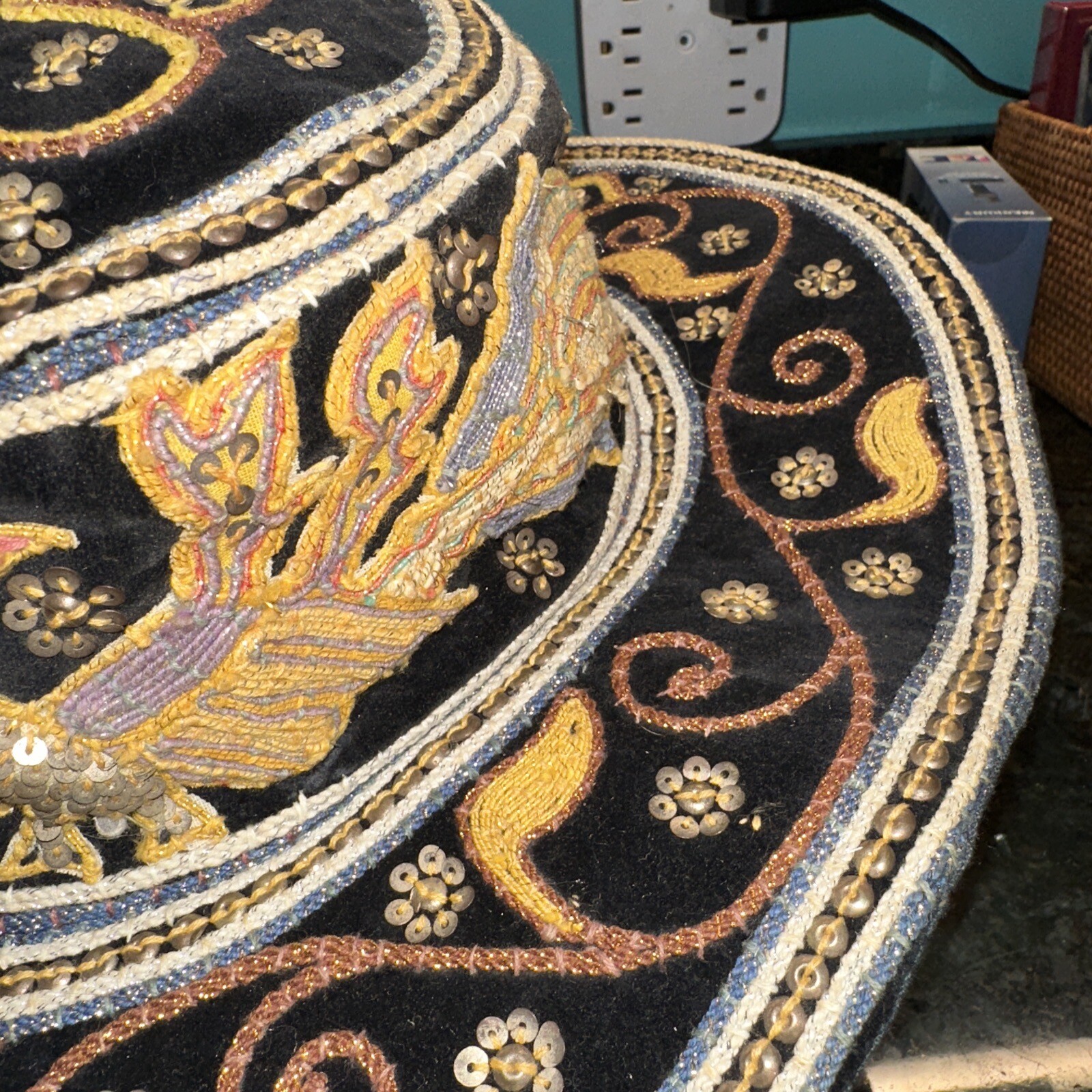 Vintage Myanmar Burmese Burma Kalaga Floppy Boho Hat Phoenix Sequins Embroidery