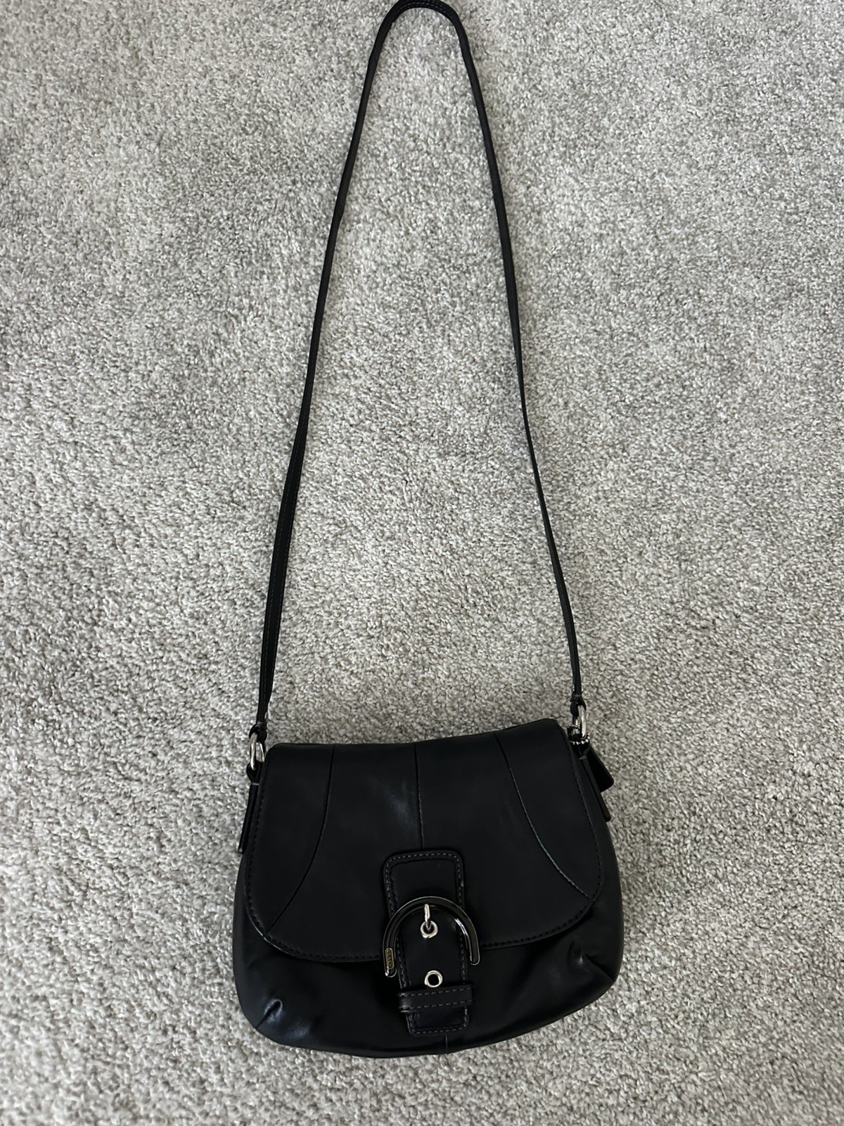 Coach SOHO Black Leather Magnetic Buckle Flap Small Crossbody Shoulder Bag