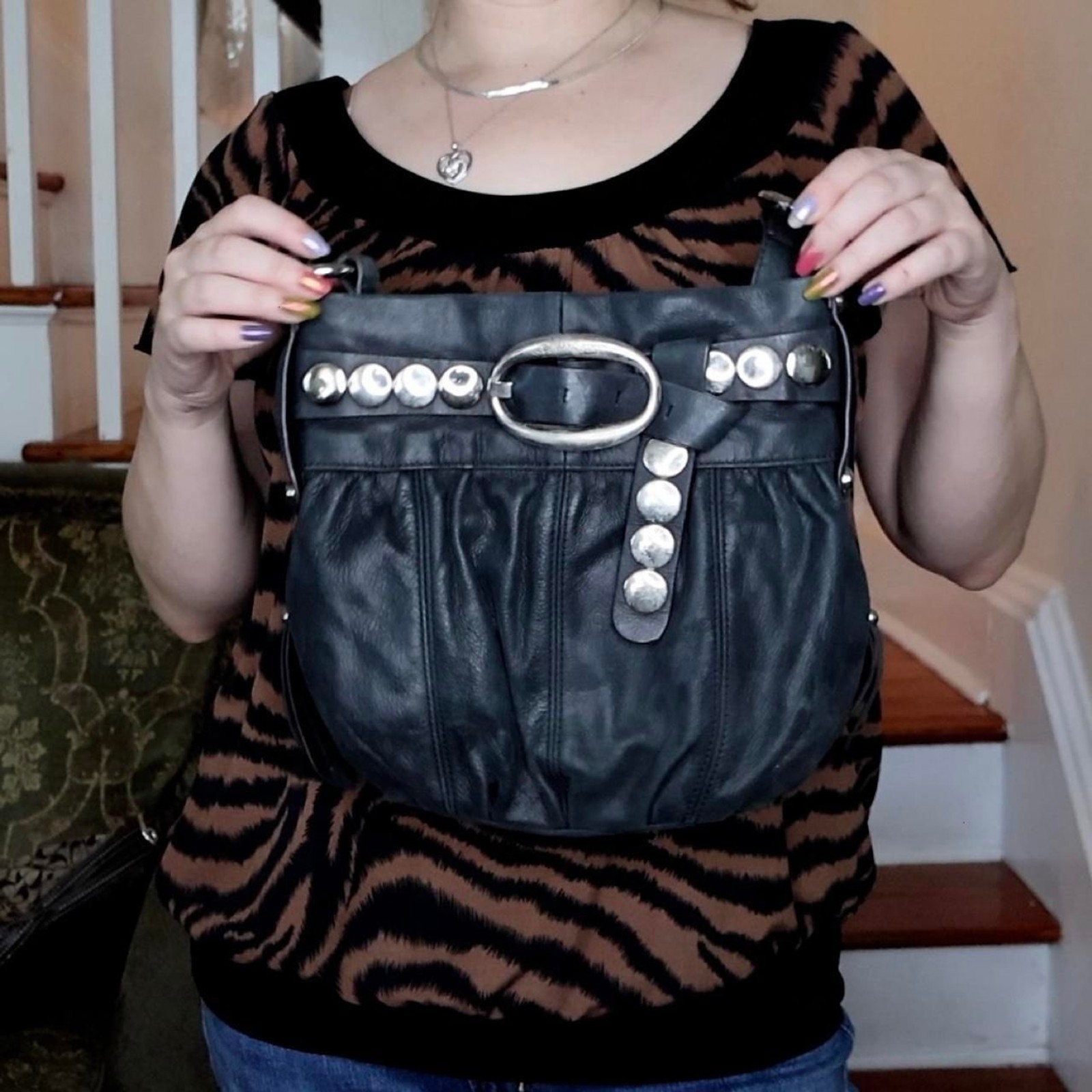 Genuine Leather B Makowsky Siver Studs Black Bag Long Strap Crososbody Indie Alt