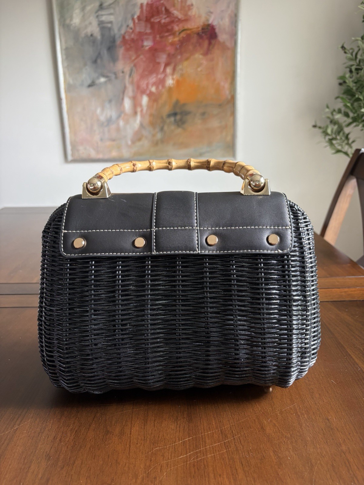 J.McLaughlin Black Satchel Top Handle Bamboo Handle Turn Lock + Dust Bag